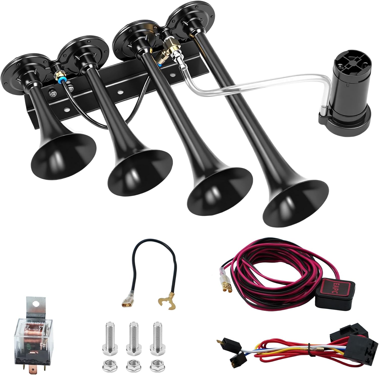 12V 150dB Train Horn Kit - 4 Trumpet Super Loud Air Horn with Compressor, Compatible with Trucks, Pickups, SUVs, Motorhomes (4-Trumpet with Air Compressor & Button, Weatherproof Design)