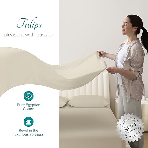 Miniatura 2 de Carressa Linen Sábanas de algodón egipcio de 800 hilos, 4 piezas, color arena, tamaño matrimonial, sábanas refrescantes para personas que duermen