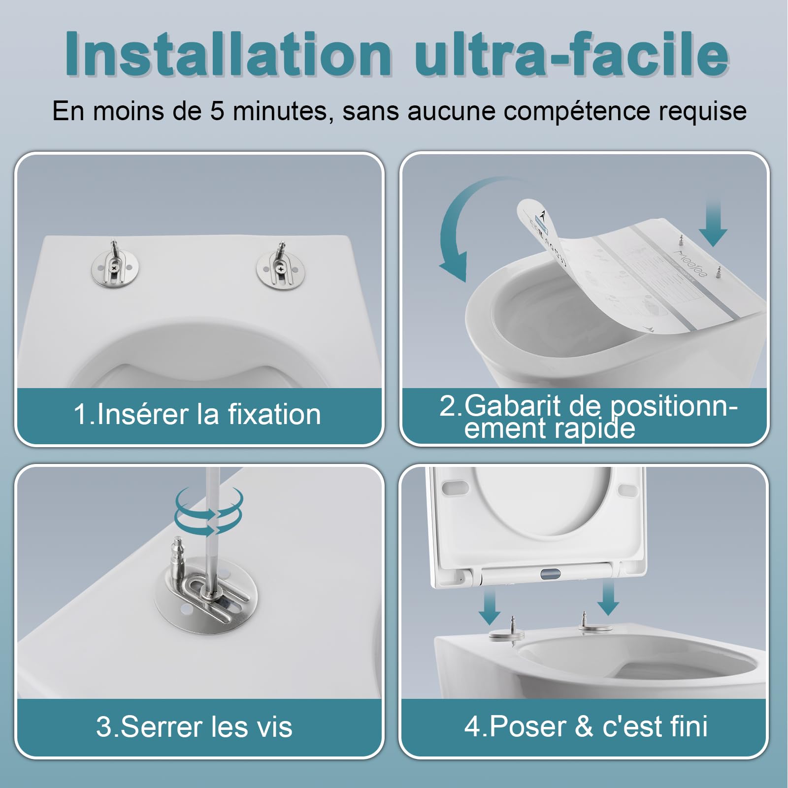 Abattant de WC avec système d'abaissement automatique, 430 x 360 mm, court en D, siège de toilette en forme de D, blanc, lunette de WC Soft Close