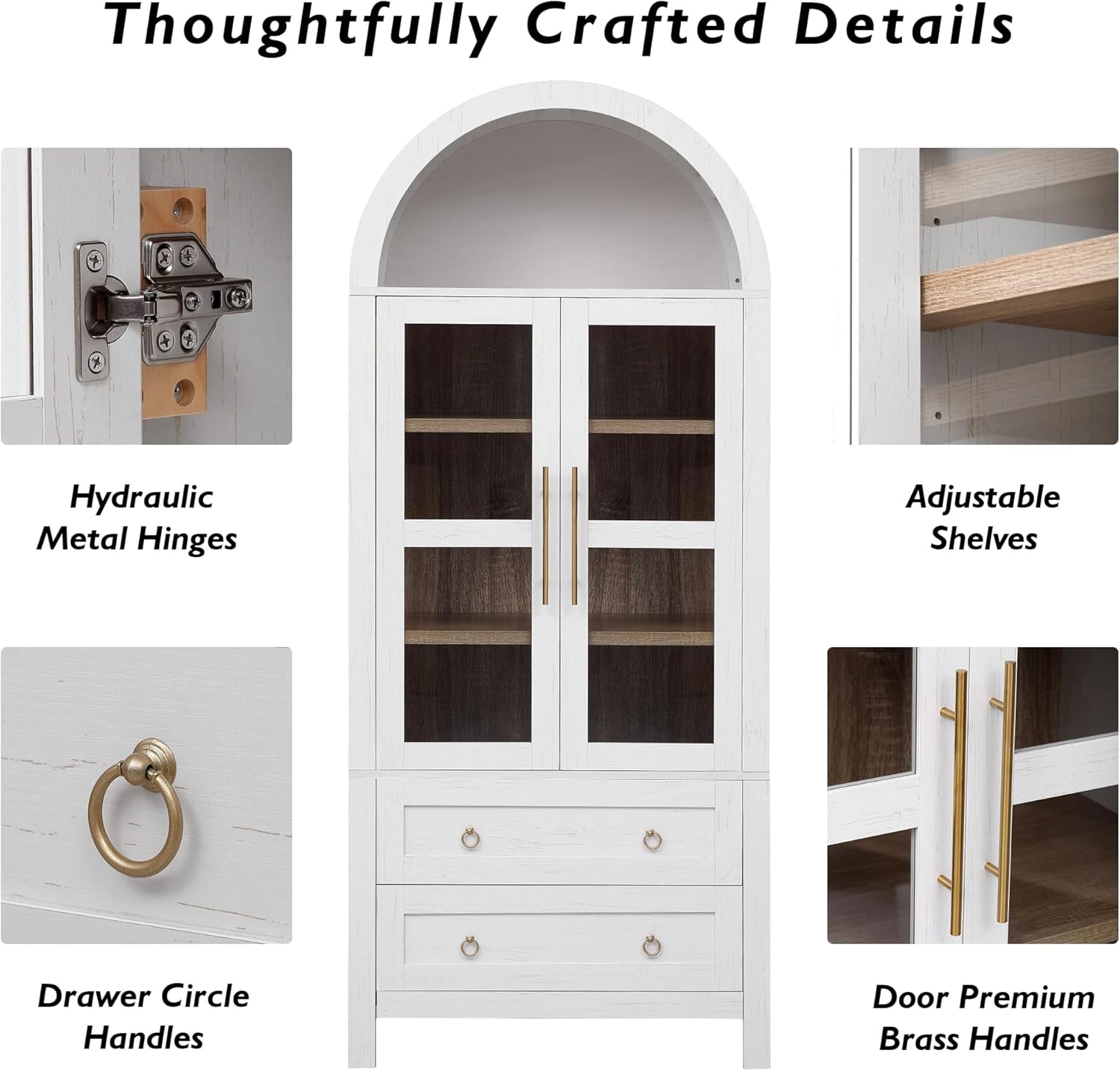 71" H Arched Kitchen Pantry Cabinet with 2 Glass Doors & 2 Drawers, Modern Farmhouse Kitchen Storage Cabinet with 2 Adjustable Shelves, Wood Versatile Cupboard for Kitchen, Dining Room, White