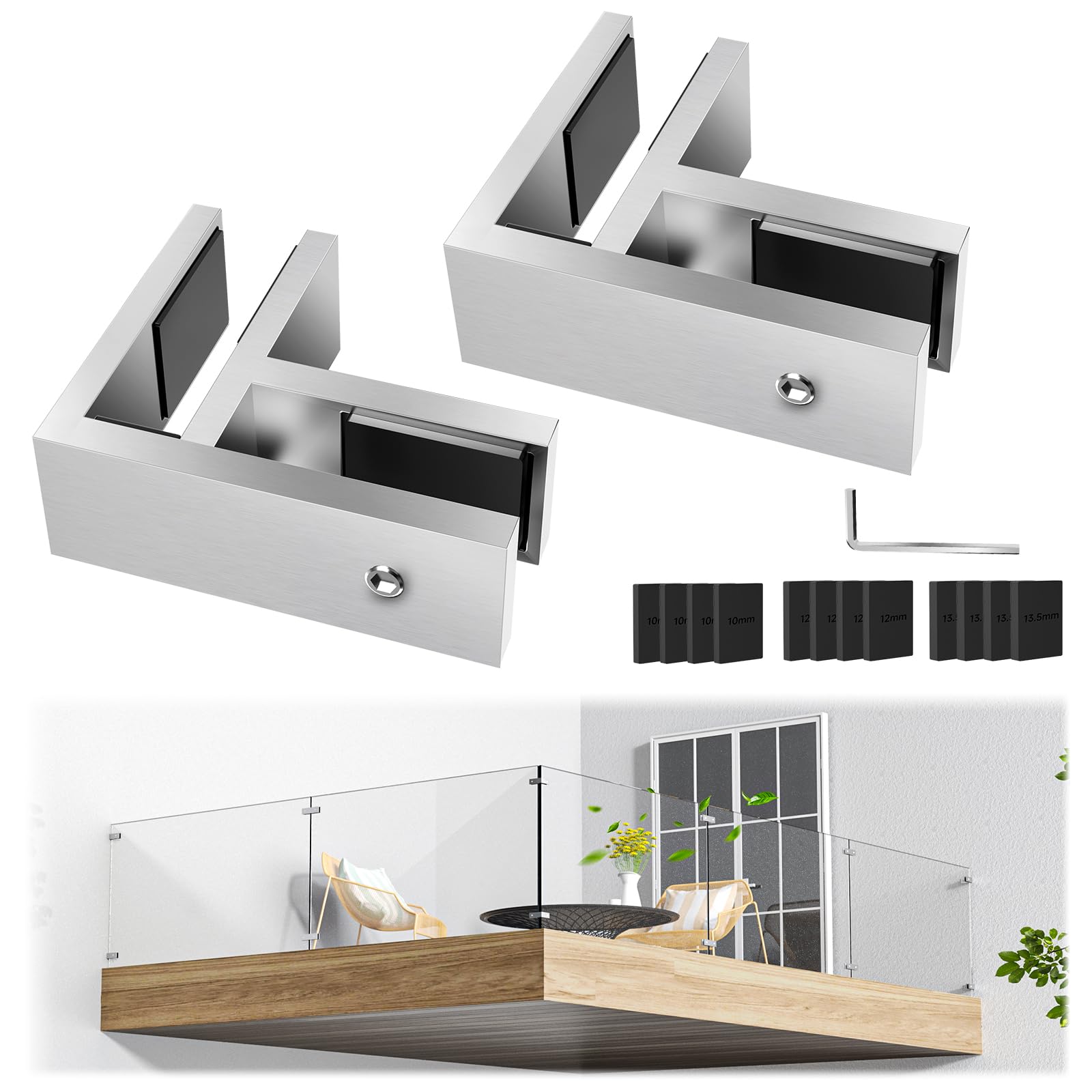 Gyykzz 2 Pack T304 Railing Glass to Glass Clamp, Stainless Steel Bracket for Balustrade, 90 Degree Brushed Finish Railing Clip Holder for Pool Fence, Balustrade, Balcony Deck — image 1