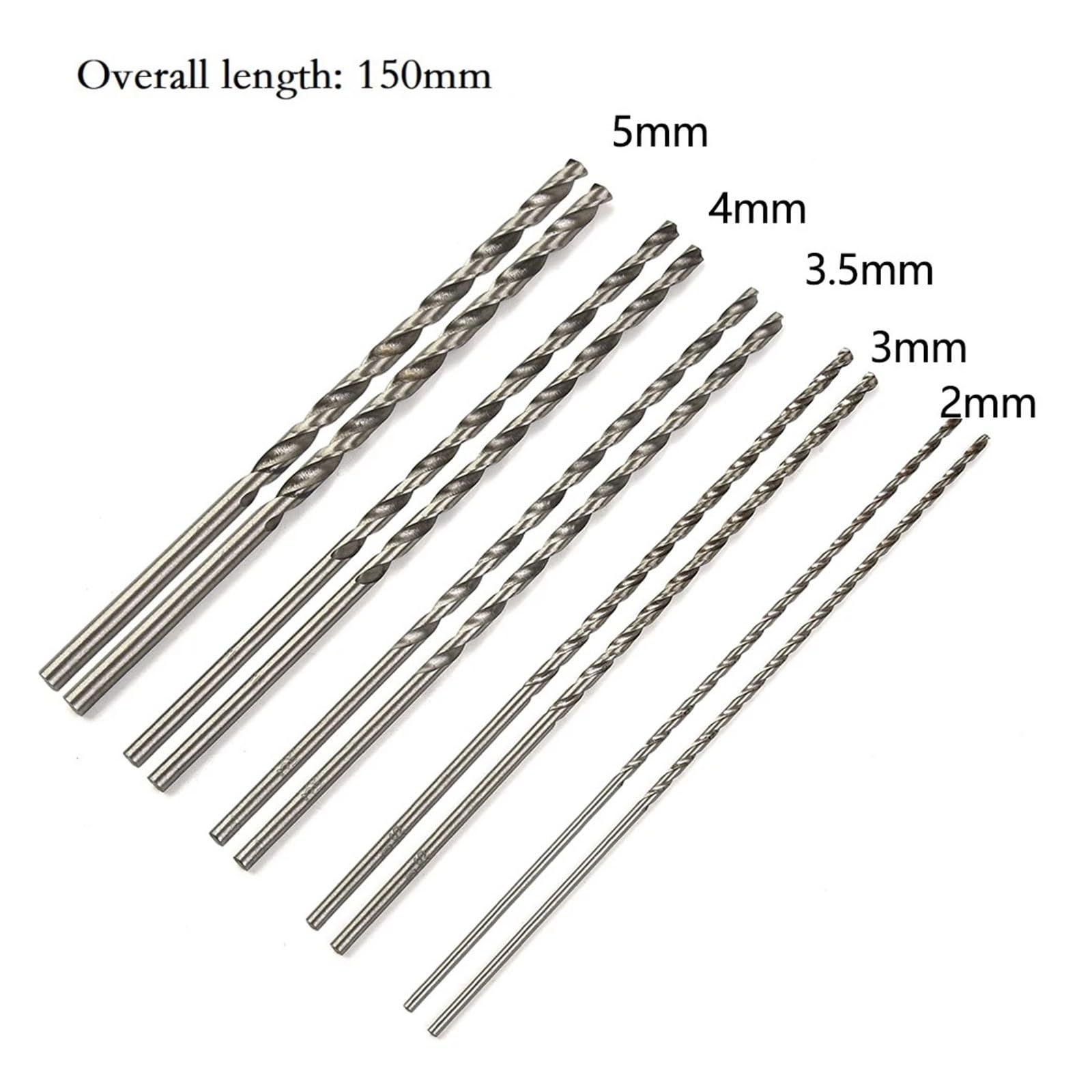 Punta elicoidale a gambo diritto Set di 10 punte da trapano in acciaio rapido HSS, fori da 2 a 5 mm, extra lunghe 150 mm, for trapani elettrici, macchine e utensili elettrici in alluminio.