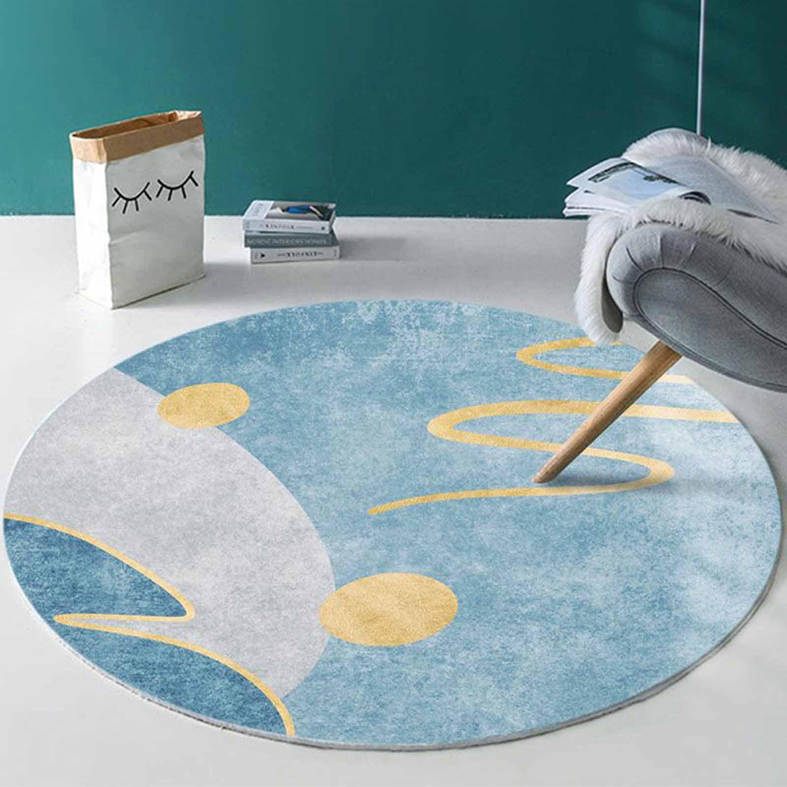 Tapis cercle bleu gris or de luxe moderne pour sublimer un salon élégant