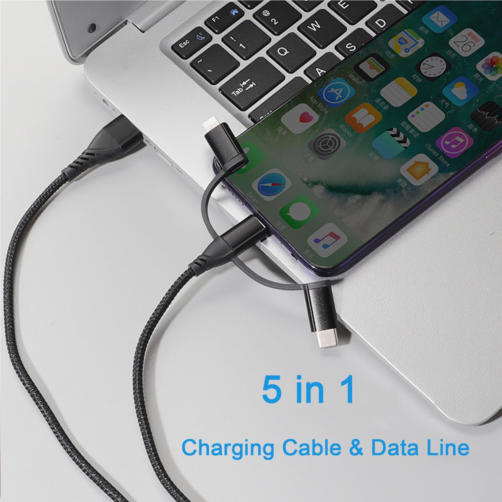 Unillous Multi Cavo di Ricarica, Universale 5 in 1 Multiplo Cavetto Cavo USB C Nylon Intrecciato con Micro USB Tipo C Connettori, Cavo di Ricarica Rapido per Phone Android Galaxy LG Tablet PS4-1M