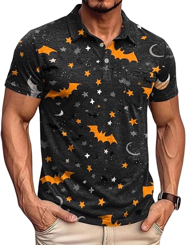 Halloween Costumes Polo Shirts for Men Scary Skeleton Graphic Short Tee｜Vintage 