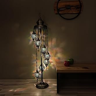 Asylove Turkish Floor Lamp, Mosaic Turkish Lamp, 7 GlobeFloor Lighting Standing Decorative Home Modern Designs Offer Handmade Glass 5 inch Globe - Total Dimensions 18 x 18 x 60 inch (Green)