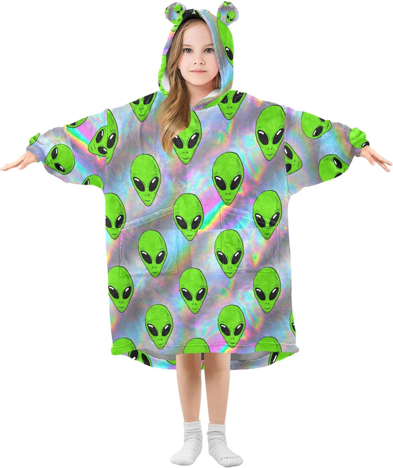 Cute Alien Ufo Kids Wearable Blanket Hoodie with Pocket and Sleeves for Toddlers, Cute Hoodies Girls Boys B0404019