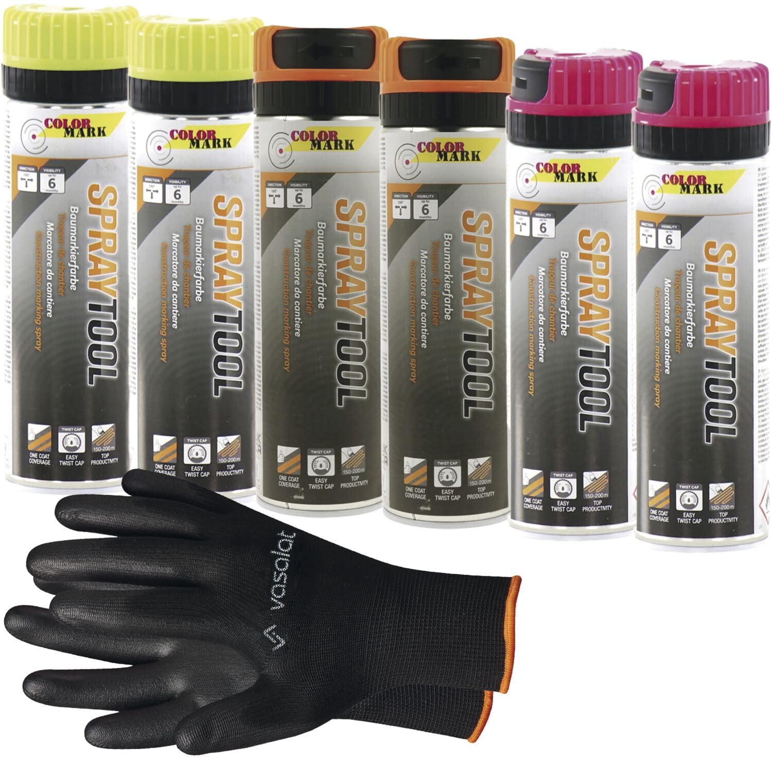 vasalat Markierungsspray Set - Markierspray Neon gelb, orange, pink für schnelle und saubere Markierungen, 6 Stück
