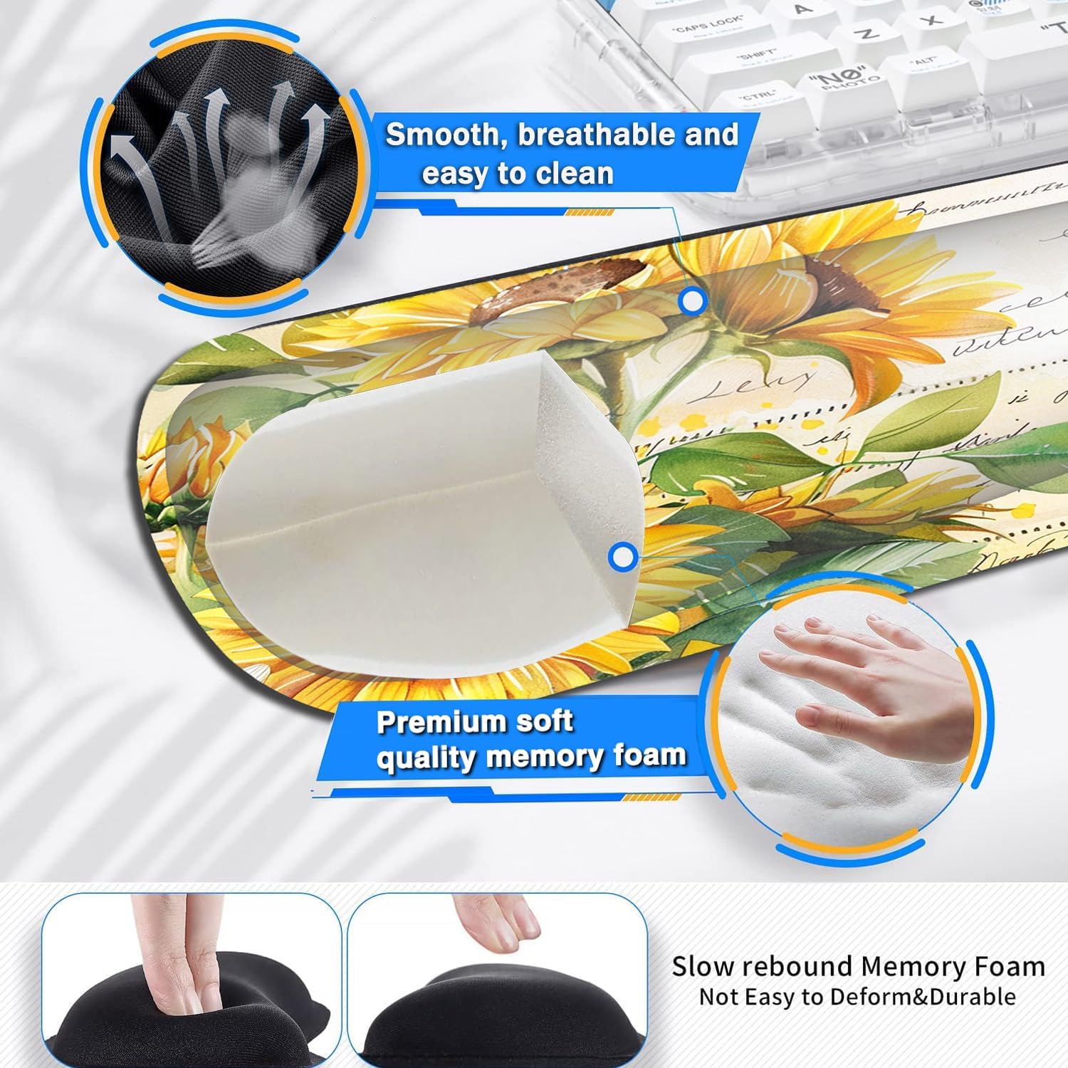 Large Gaming Mouse Pad+ Keyboard Wrist Rest Set, Ergonomics Memory Foam Mouse Mat Wrist Rest Support for Home Office, Waterproof Extended Mousepad 31.5x11.8in, Sunflower White Desk Pad