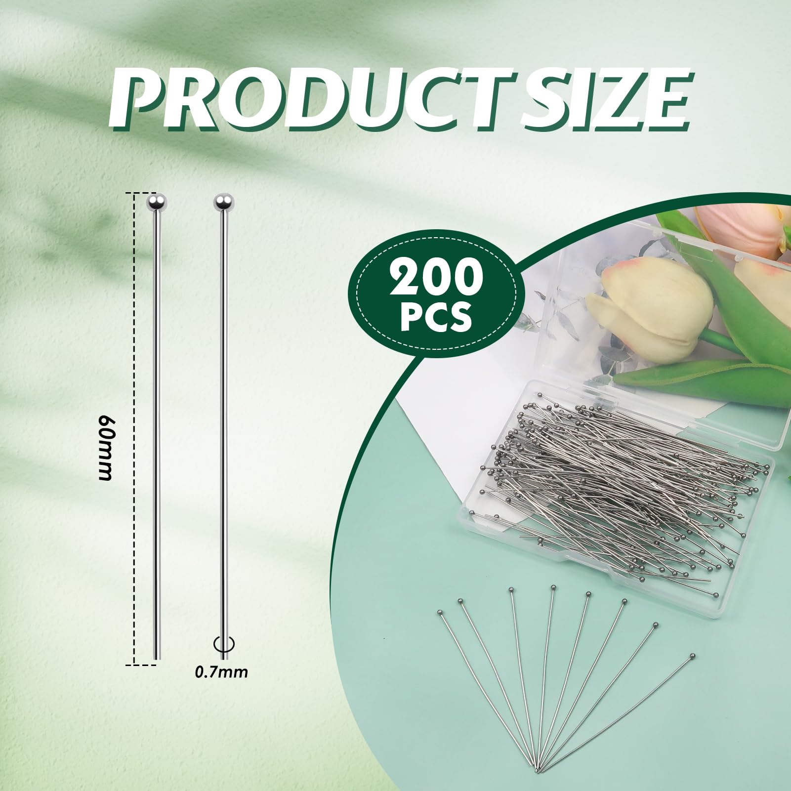 TOAOB 200pcs Stainless Steel Head Pins Long 60mm Silver Ball Head Pins for DIY Crafts