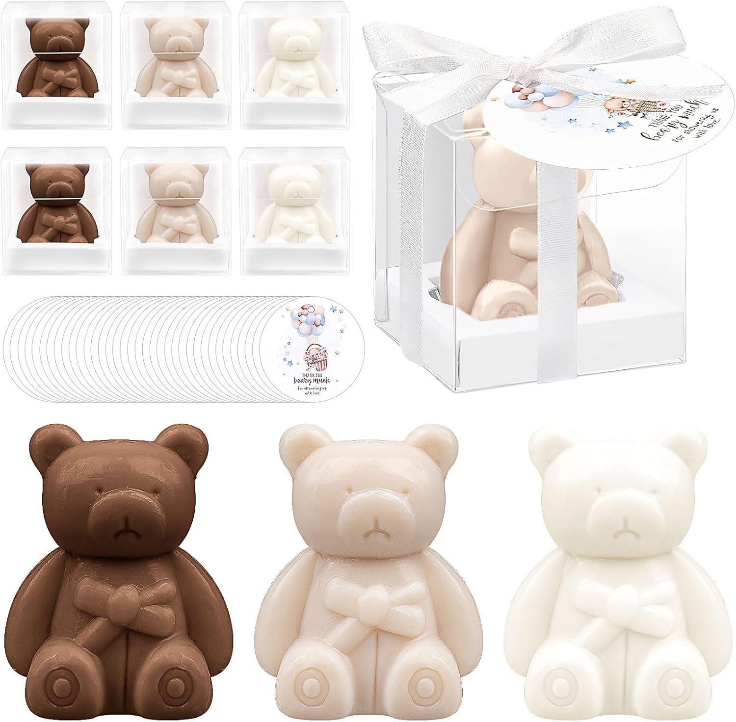 36 Stück Bären-Babyshower-Geschenke, Bären-Seifen-Gastgeschenke mit Dankeskarten und Boxen für Babyparty-Dekoration, Gästegeschenk, Hochzeitszubehör (Weiß und Braun)