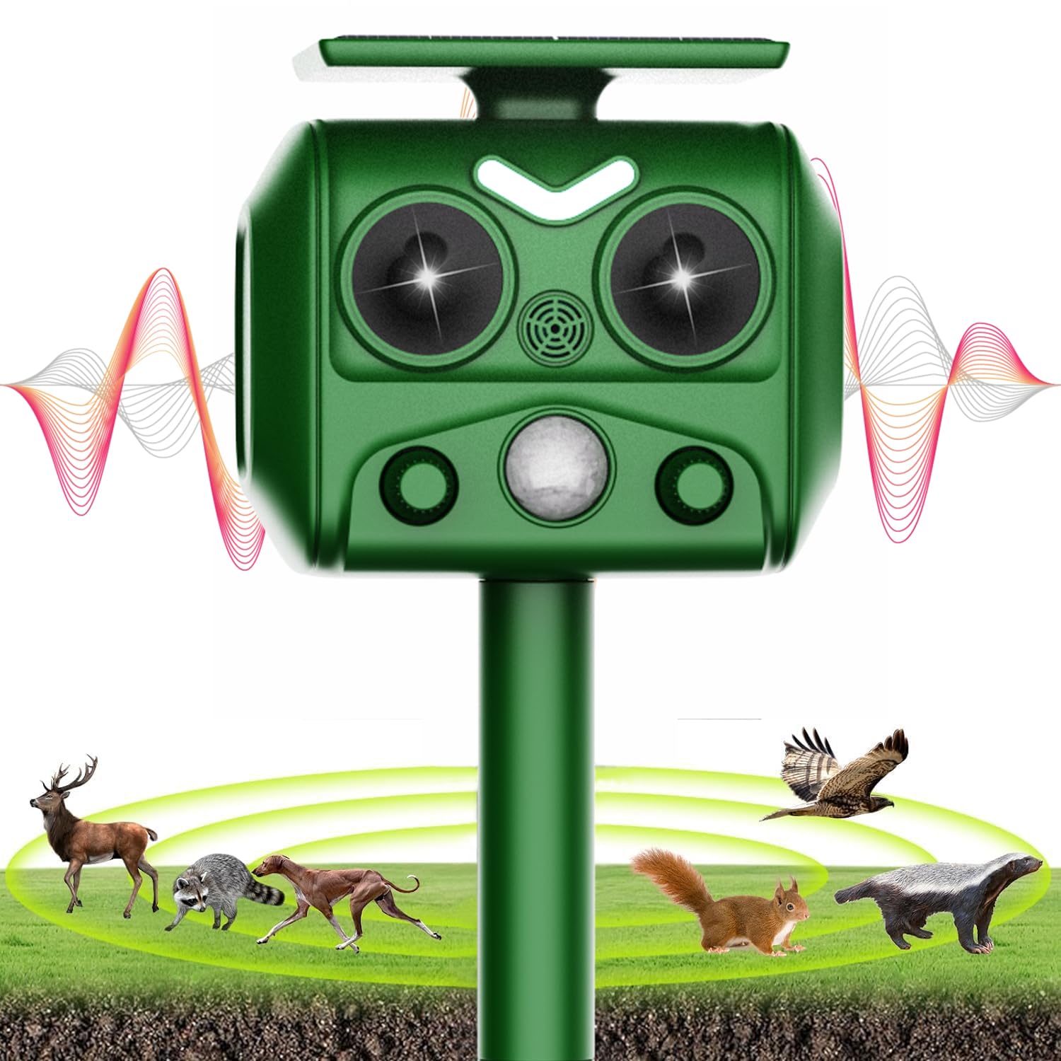 Repelente de Gatos 2025, ahuyentador de pájaros，Impermeable, con frecuencia Ajustable, para alojar Animales 5 Modos Ajustables, Repelente al Aire Libre para Animales con LED Intermitentes