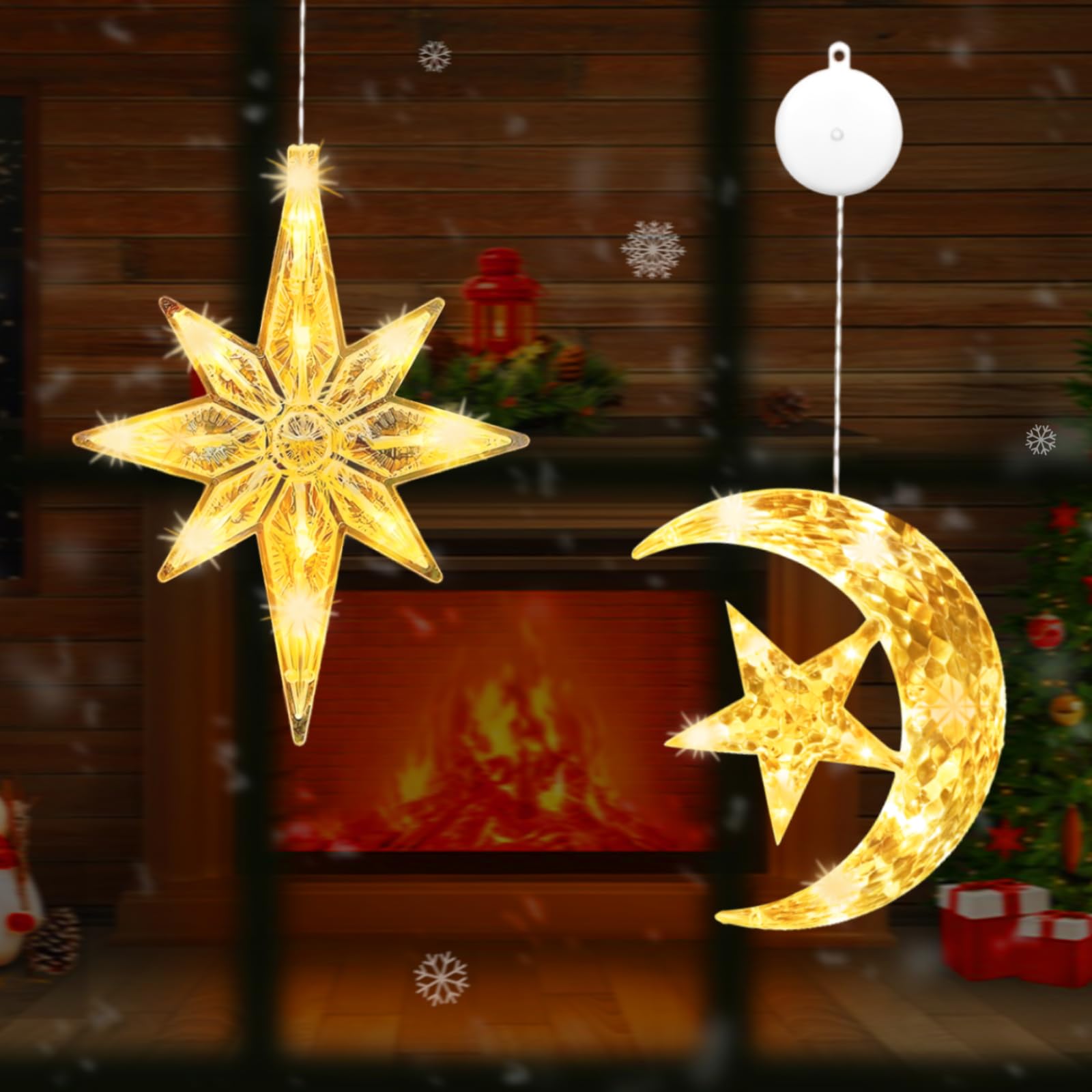 IWTBNOA Luces LED de Navidad con estrellas, 2 unidades, luces LED con ventosas, luces LED para decoración navideña, luz blanca cálida, para decoración de Navidad, balcón, fiesta, interior, exterior
