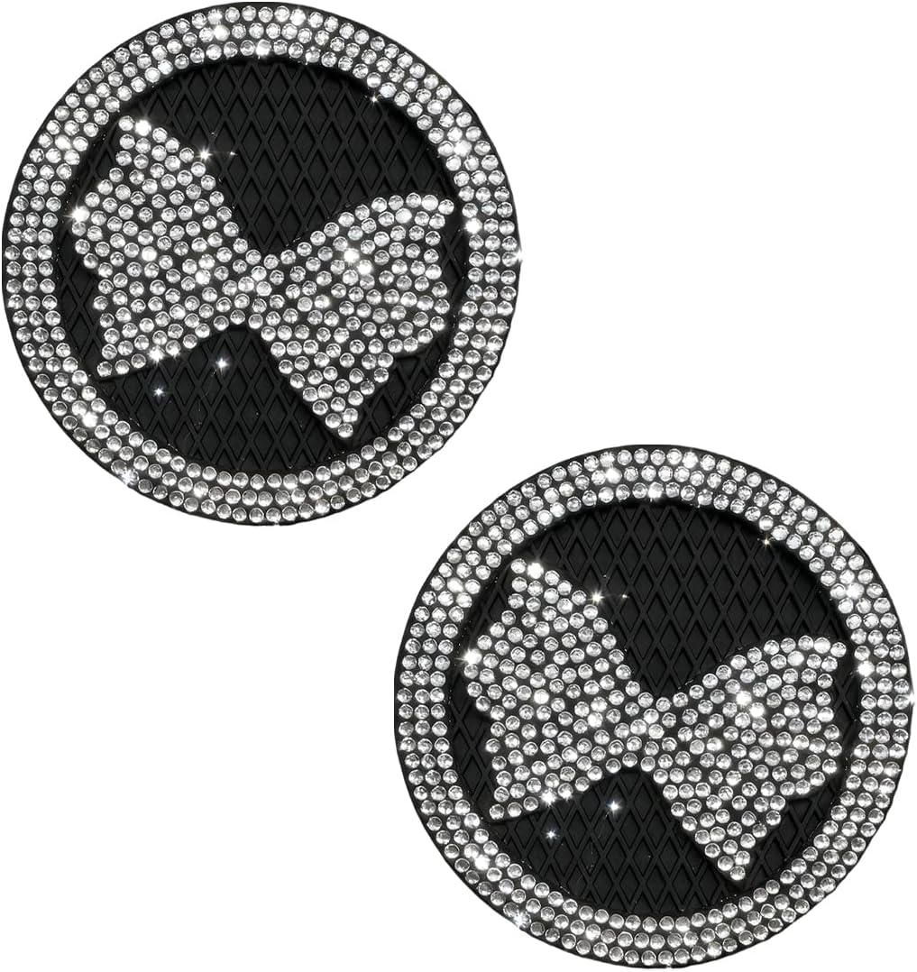 Craedli 2PCS Bow Tie Bling Car Coasters for Cup Holders, 2.3 Inch Crystal Rhinestone Cup Holder Insert Coasters, Anti-Slip Drink Cup Mat, Decorative Car Interior Accessories for Women Girls (White)