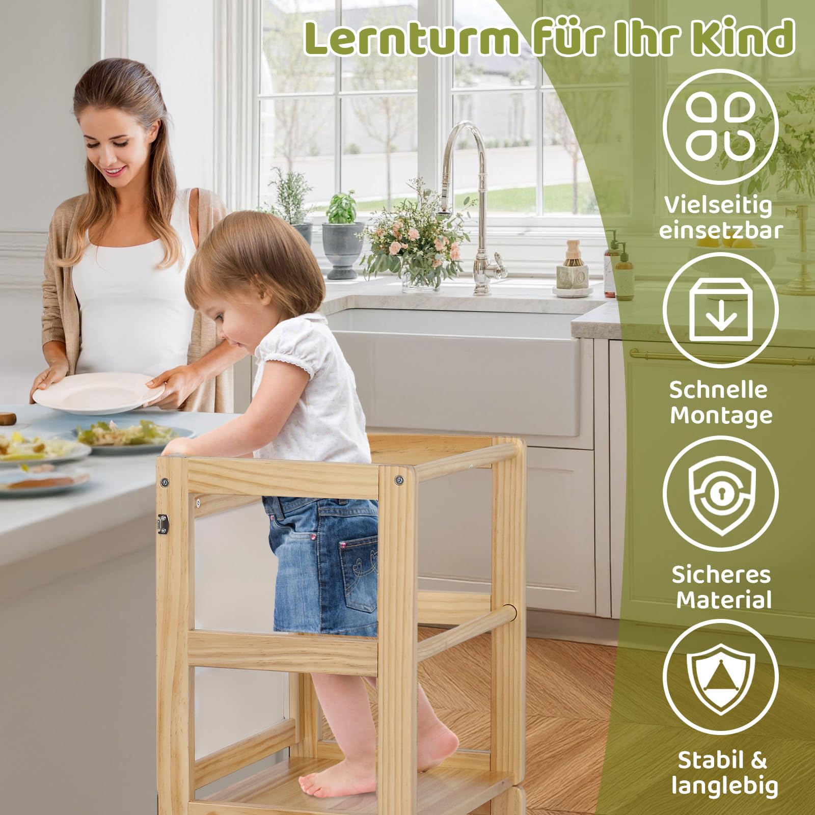 Bonnlo Lernturm mit drehbarer Tafel für Kinder, Lernturm klappbar ab 1 Jahr, Kinderstuhl aus Holz, für Küche und Bad, 45x45x84cm (Natur)