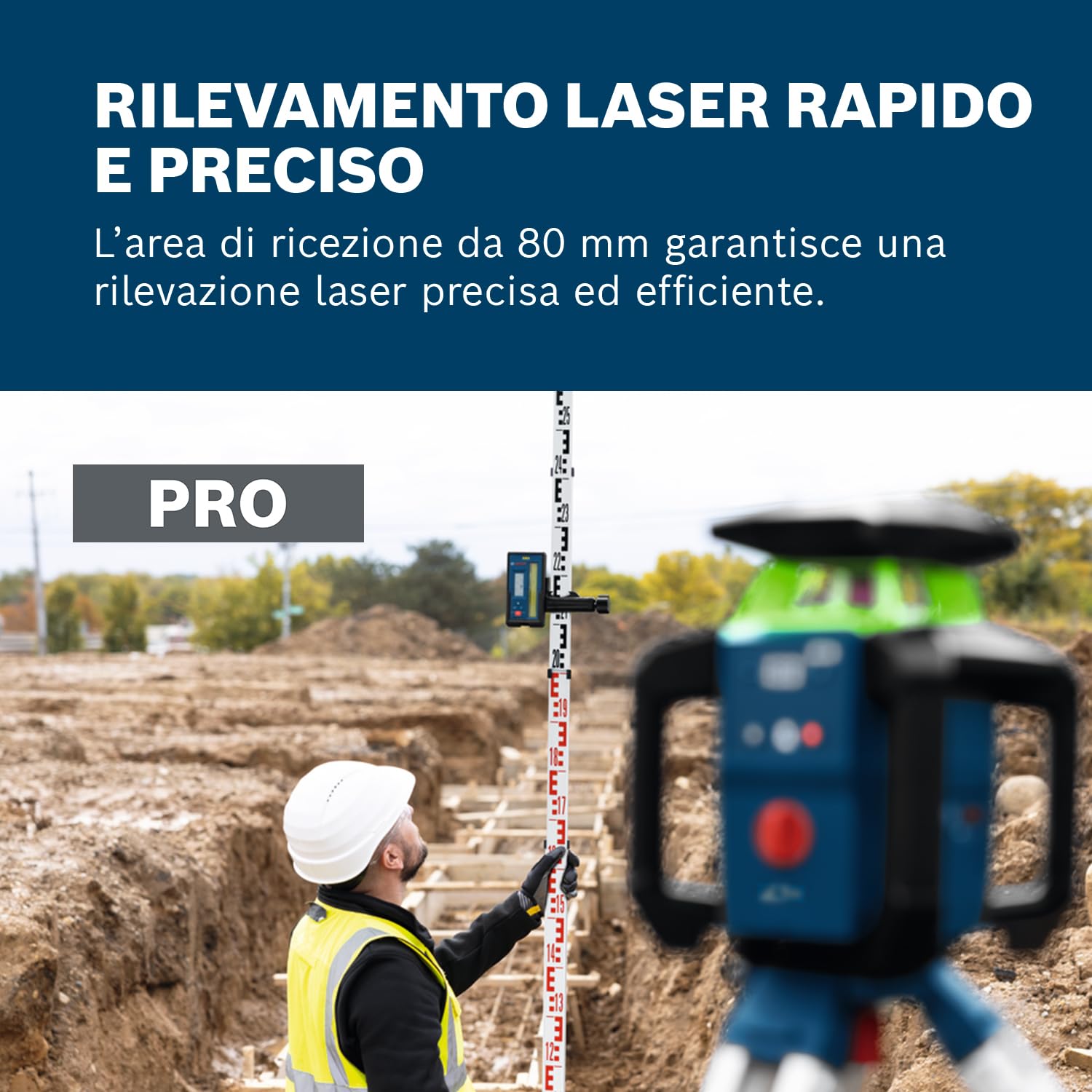 Bosch PRO Ricevitore Laser Rotante LR3-2 (indicatori su due lati, area di ricezione da 80 mm, compatibile con livelle laser rotanti verdi e rosse, magneti integrati)