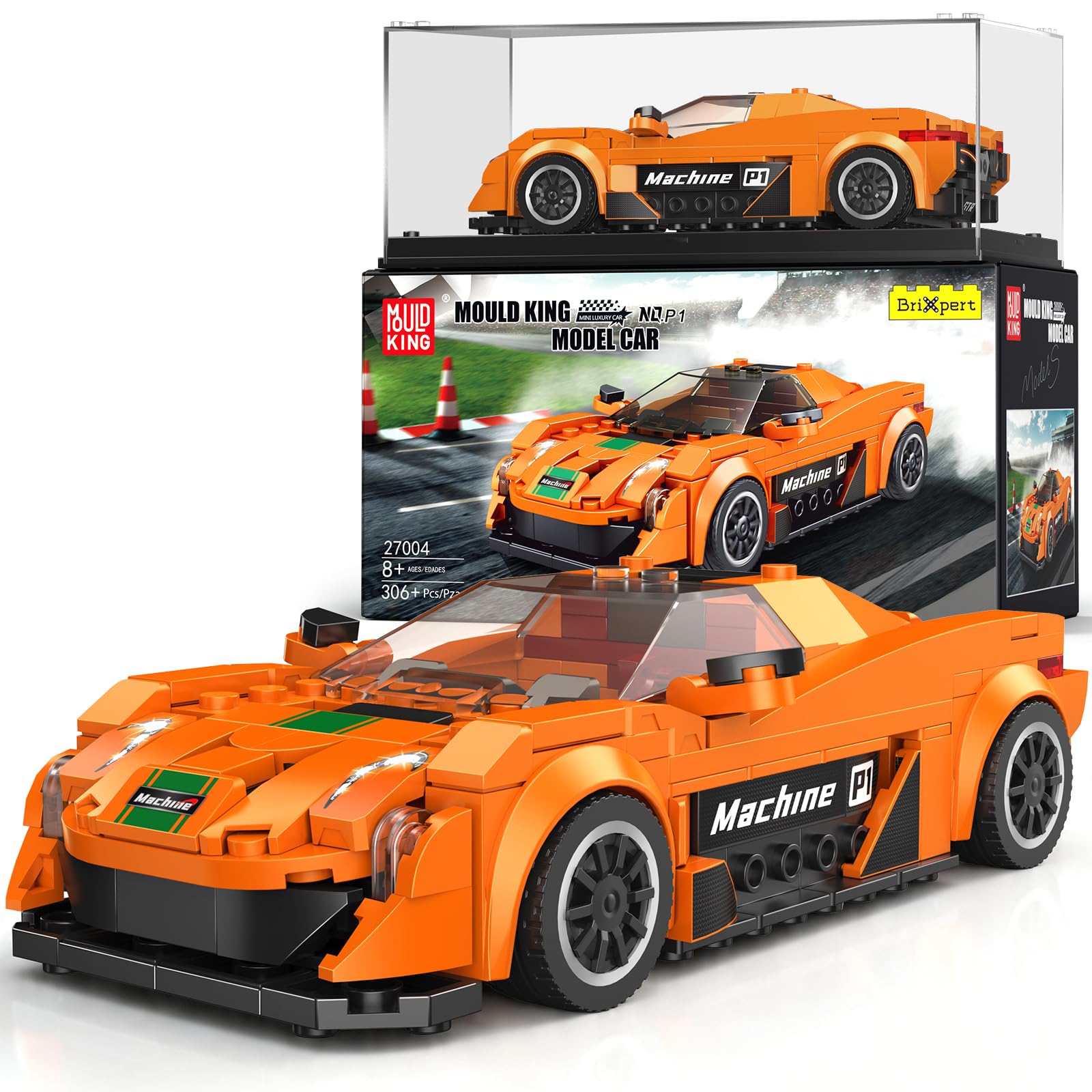 Mould King 27004 Speed Champion Technik Car Building Set & Display Case, MOC P1 Classic Race Cars Birthday Gifts for Adults/Teens, Creative Cool Vehicles Model Toys for Fans Age 14+ (306Pcs)