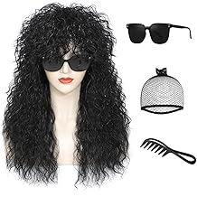 Women&rsquo;s 80s Rocker Mullet Wig Halloween Costume Wig Long Curly Black Party Funny Wig (Black)