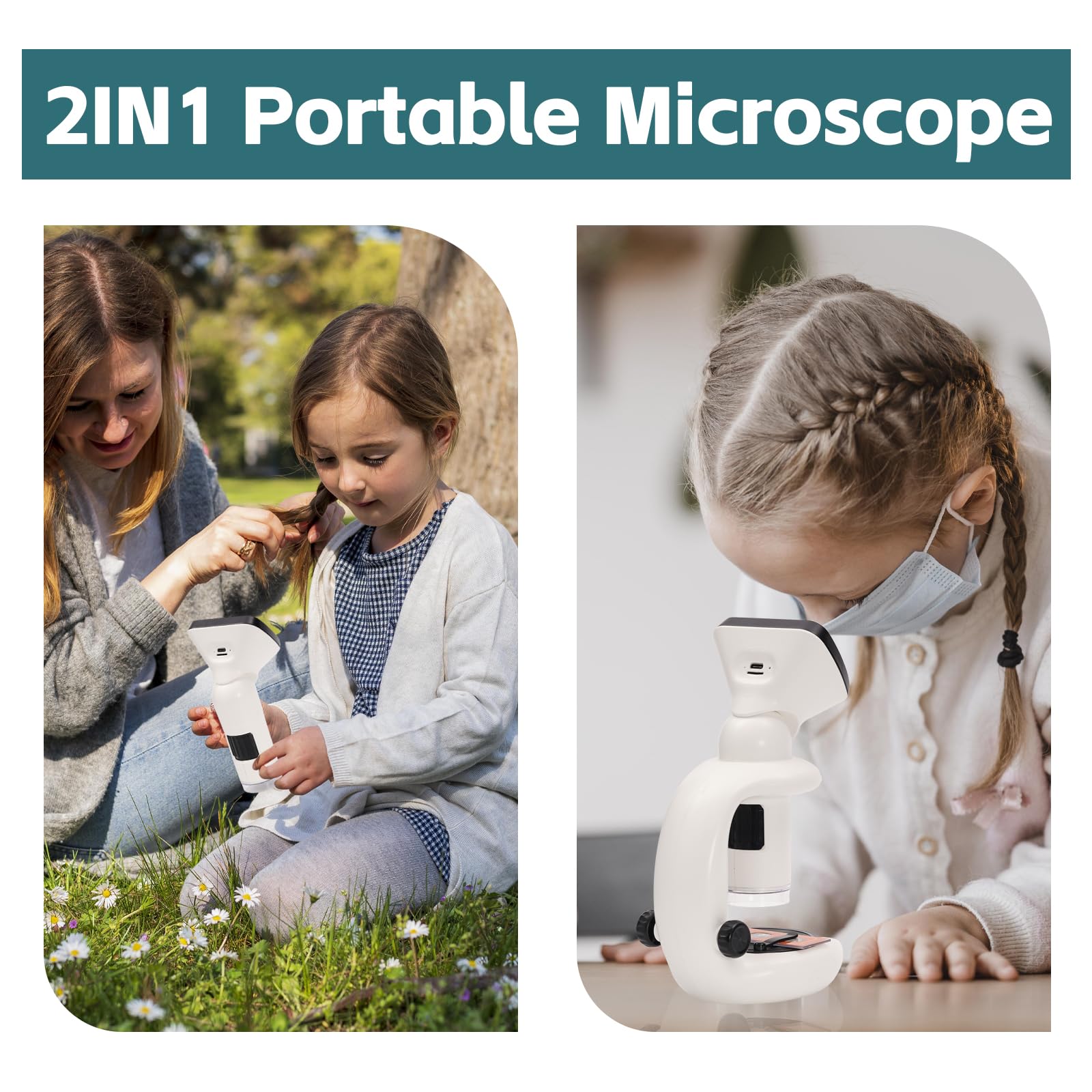 2en1 Microscopio para niños con Portaobjetos Microscopio, Microscopio Digital para niños Portatil con Pantalla LCD de 2,4 Pulgadas y Gran Aumento de 1000X.Regalo niño 3-8 años