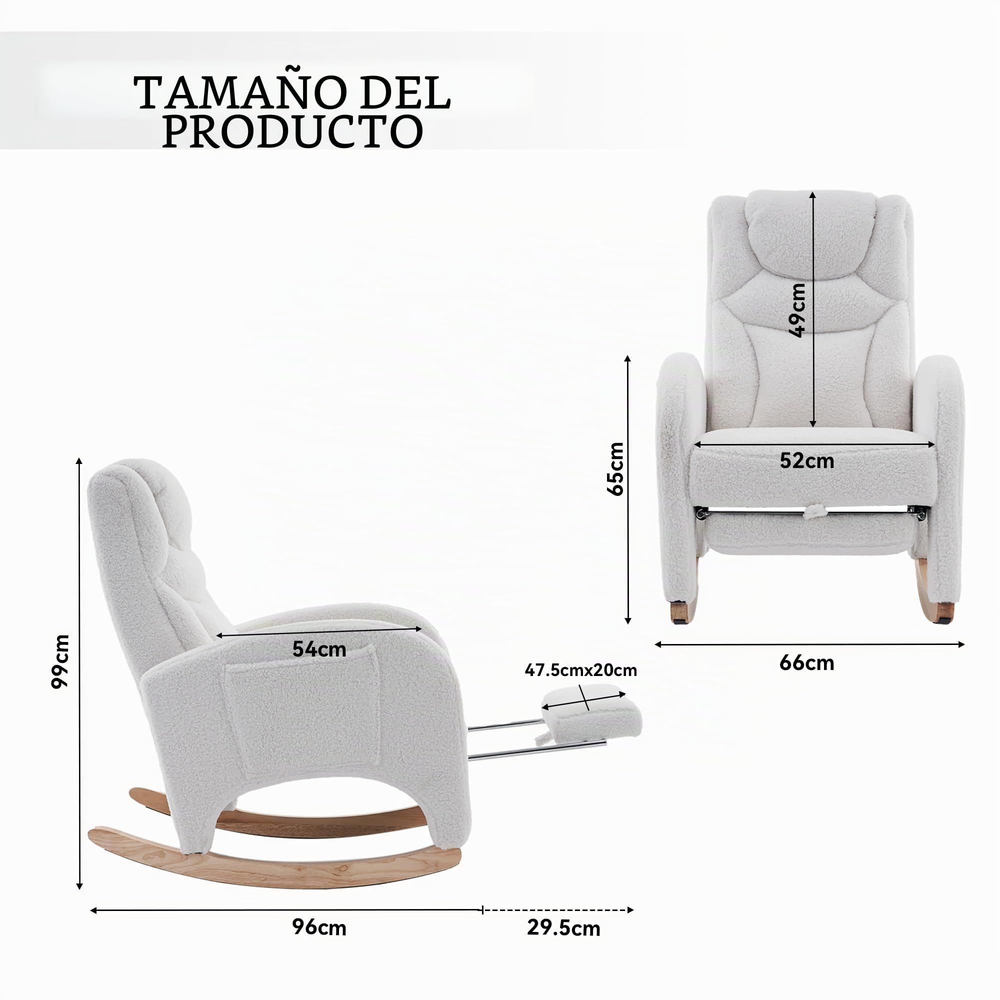 SUKY Mecedora, sillón relax, capacidad de carga de 110 kg, silla de salón con reposabrazos, mecedora acolchada, silla acento para dormitorio, tela de peluche blanca (blanco)
