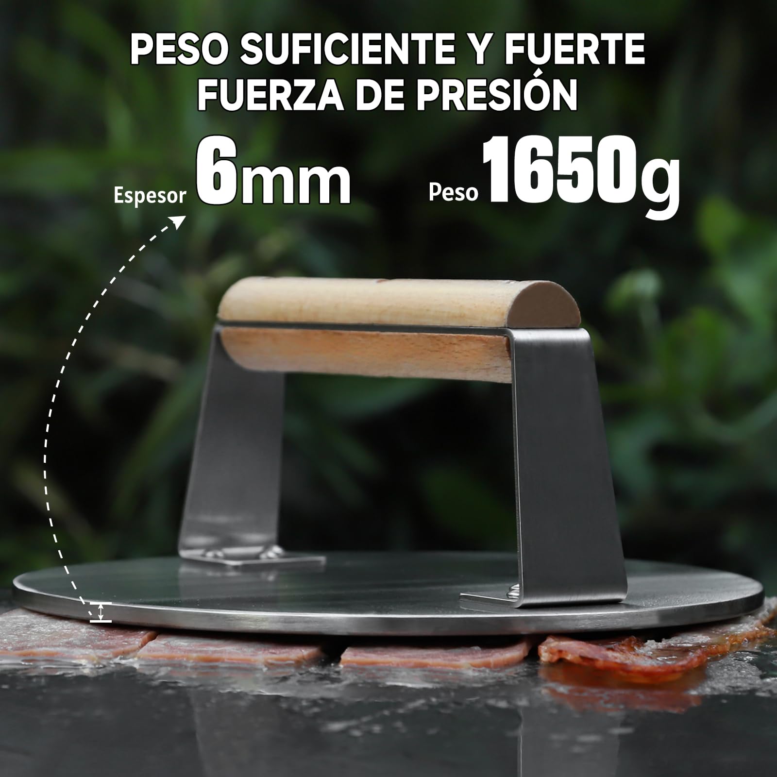 SKY FISH Prensa de hamburguesas Smash de acero inoxidable, 1650 g, prensa de parrilla de tocino y hamburguesas de alta resistencia con mango de madera, herramienta de prensa de barbacoa de 8.5