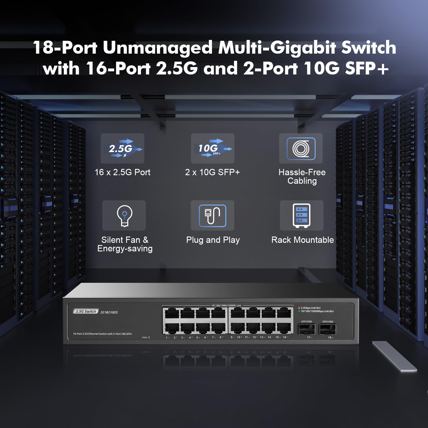 Switch a 16 porte 2,5 G con 2 x 10 G SFP+, 16 porte Ethernet Base-T da 2,5 G, YuLinca Multi-Gigabit senza ventola, switch Plug & Play non gestito