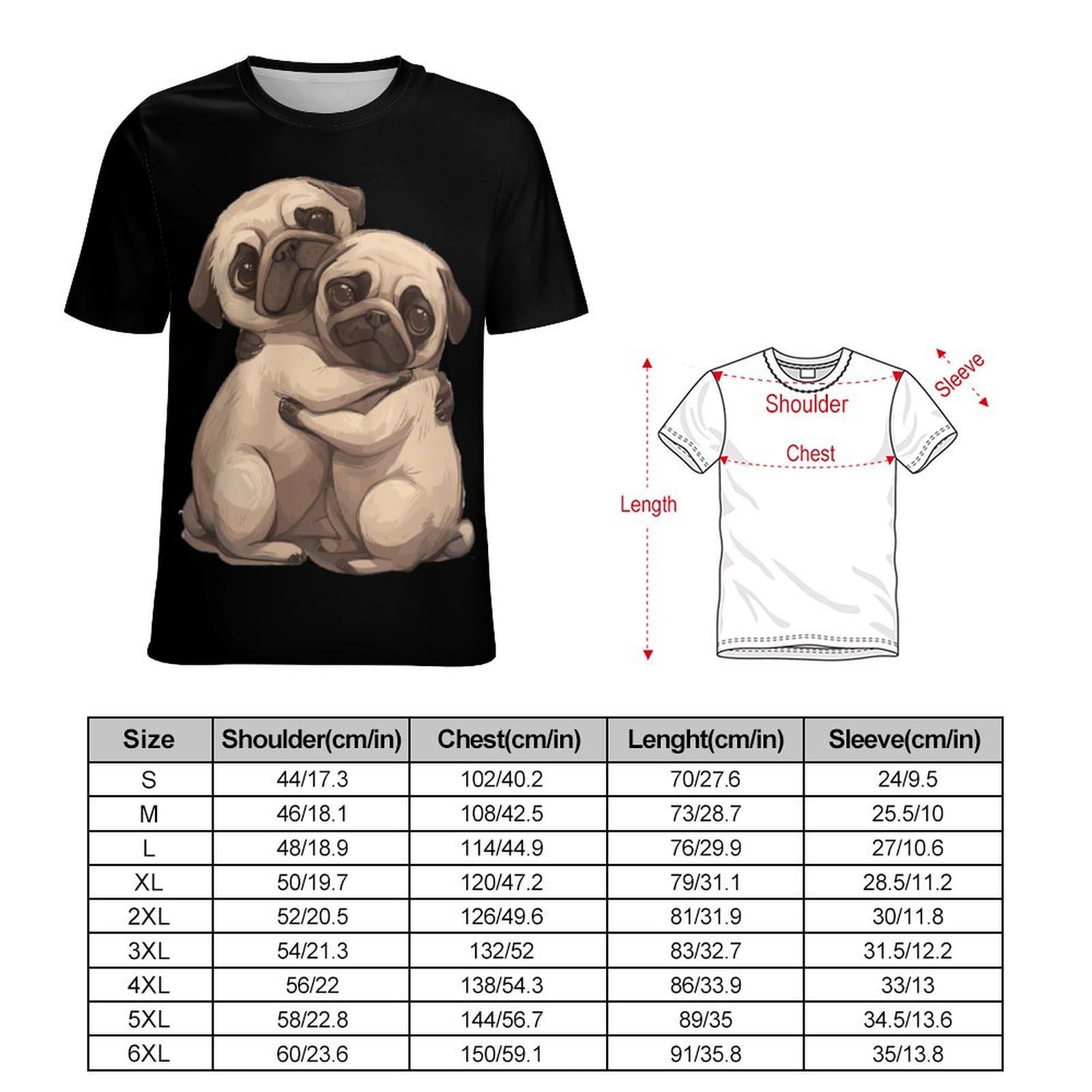 Tow Hug Pug Dogs Unisex Adult T-Shirts Summer Short Sleeve Tee Casual Tops Funny Graphic L