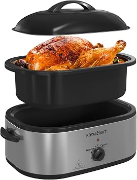 Royalcraft Roaster Oven with Self-Basting Lid, 18qt Electric Roaster with Removable Pan & Rack, Turkey Roaster Oven with Defrost & Warm Function, Stainless Steel, Silver