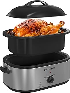 Royalcraft Roaster Oven with Self-Basting Lid, 18qt Electric Roaster with Removable Pan & Rack, Turkey Roaster Oven with Defrost & Warm Function, Stainless Steel, Silver