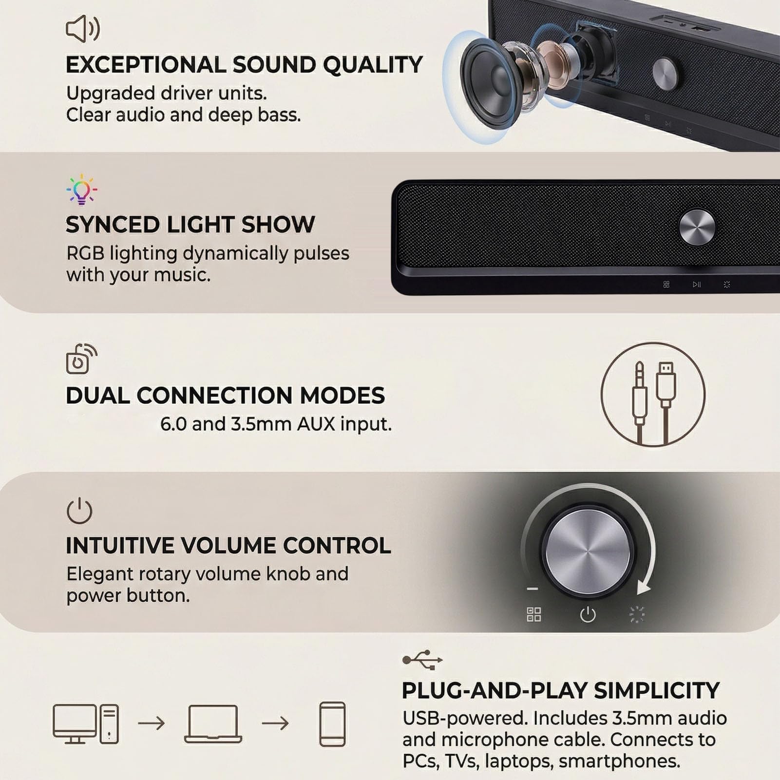 Ejoyous Altoparlante per Computer Altoparlante per PC ABS Bluetooth 6.0 con Luce RGB Alimentato Tramite USB 3,5 Mm AUX 2.0 Canale 16 Pollici per Laptop Desktop Gaming Home Office