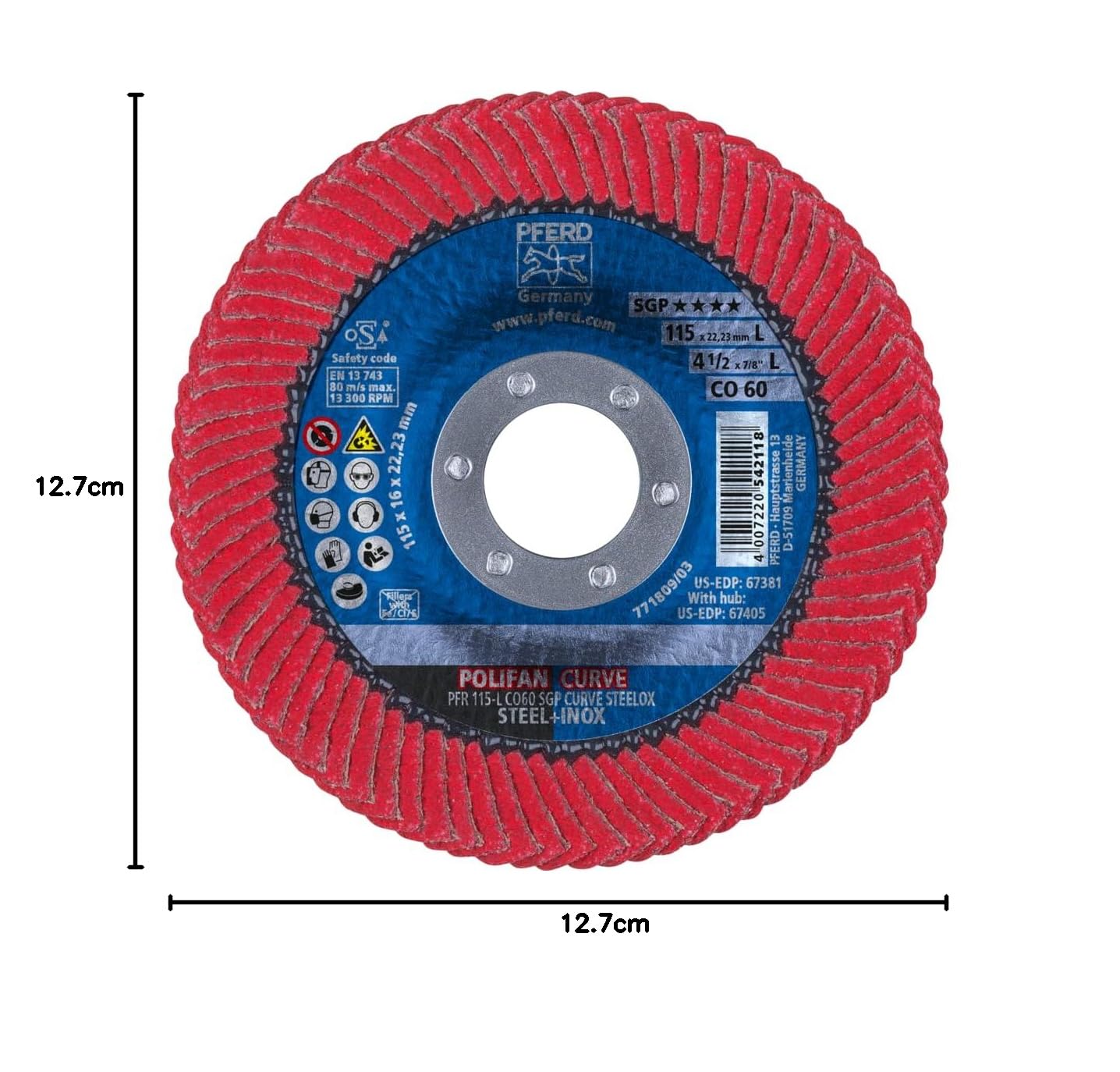 PFERD 67344 Polifan PFR Disque à lamelles de type radial, oxyde de céramique, 12,7 cm de diamètre, trou d'arbre de 2,2 cm, 12200 tr/min, grain 60