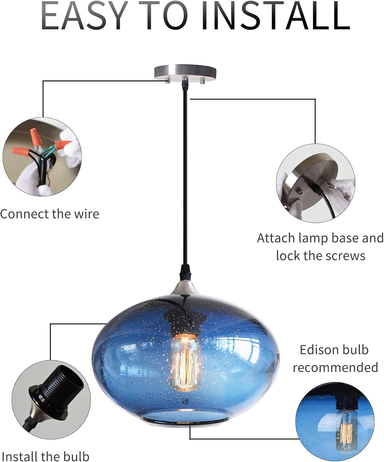 ARIAMOTION Pendant Lighting for Kitchen Island Blue Glass Modern Hanging Light Fixtures Seeded Bubble Over Sink 9.4 Inch Diam