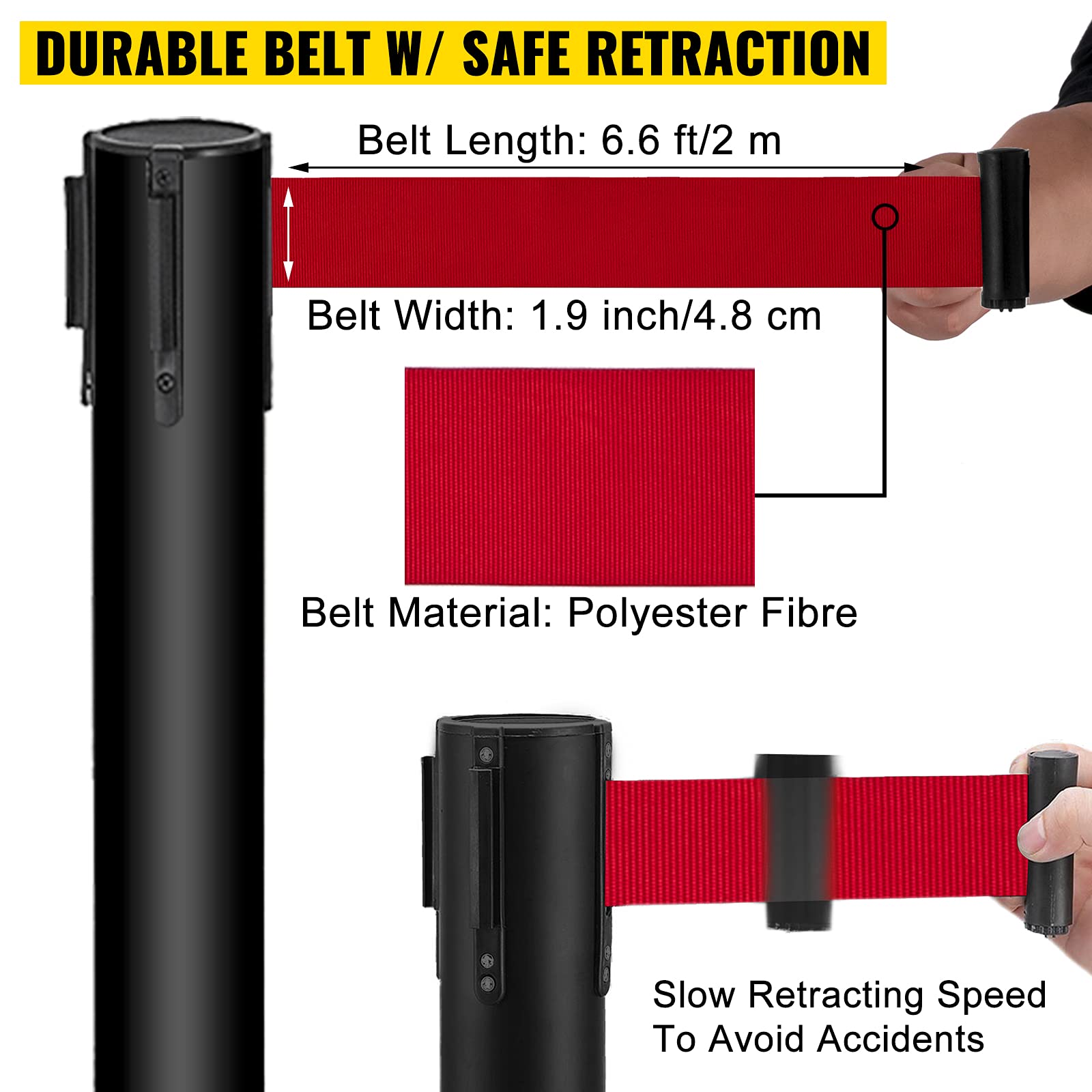 VEVOR Rungenpfostenabsperrungen, 90 cm 4er-Set Linienteiler, Rungen aus Edelstahl mit Schwarzen Einziehbaren Gurten, Rungen mit einem Schildrahmen, Warteschlangen-Sicherheitsrungen (Schwarz)