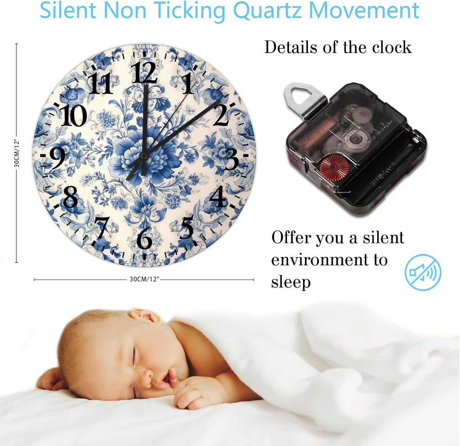 Wood Hanging Wall Clock Non-Ticking Quartz Battery Operated Blue And White Porcelain Floral Country Wall Clocks Russian Folk Cultural Accent Wooden Wall Decor for New Home Garage Indoor 12 inch