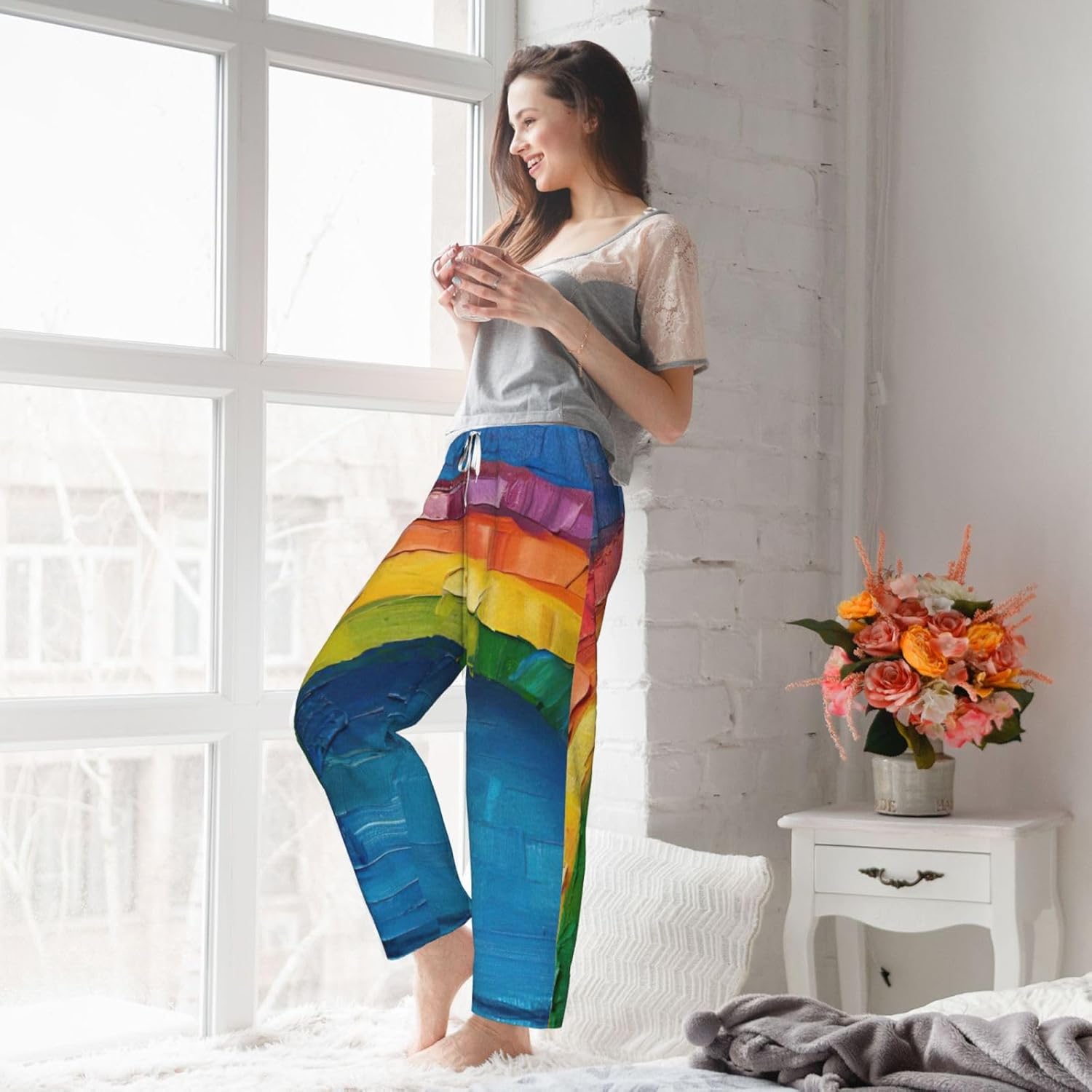 Small Rainbow Print Fashion Cozy Womens Flannel Pajama Pants,Perfect For Christmas And Everyday Wear