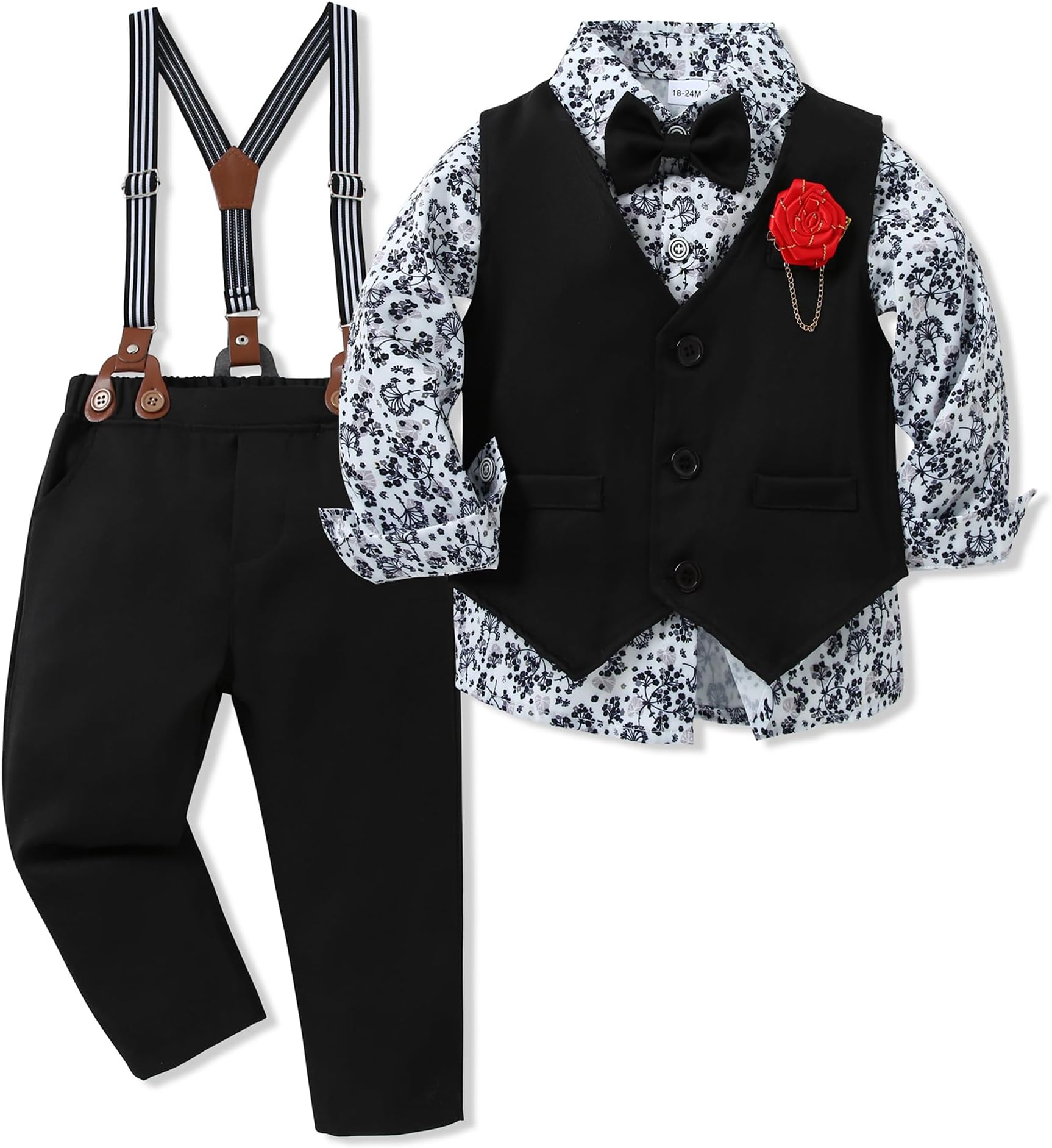 Toddler Boy Clothes Suit Formal Dress Shirt+Bowtie+Vest+Boutonniere+Suspender Pants Boys Gentleman Outfits Set