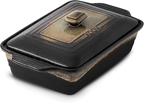 KOOV Ceramic Casserole Dish with Lid, Rectangular Baking Dish Set, Lasagna Pans for Cooking, 9 x 13 Inches, Stripe Series Rough Black