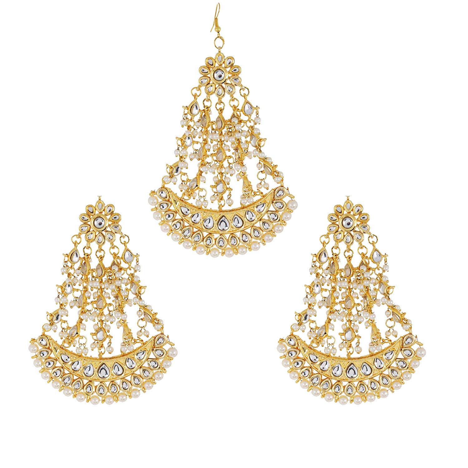 Abhaah Kundan Pearl Gold Platted Long jhumar Wedding Passa maang Tikka and Earrings Set for Women Girls (B07M79DTQM) Amazon Price History, Amazon Price Tracker