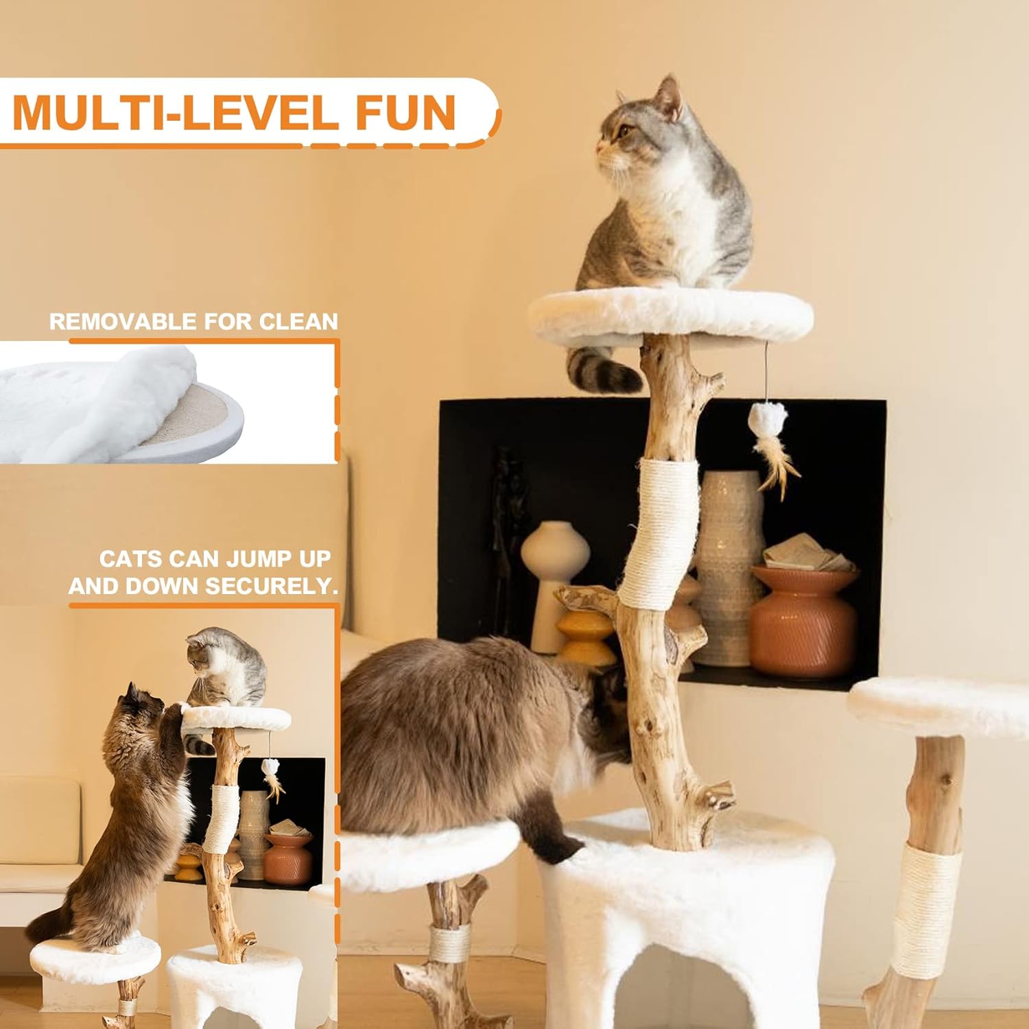 Petest Cat Tree 38 Inch Real Wood Cat Tower with Natural Branches, Cat Condo for Indoor Cats, Modern Cat Furniture with Sisal Scratching Post, Perches & Hanging Toy