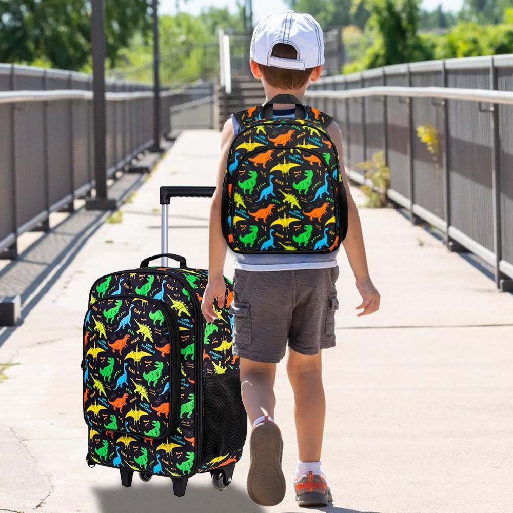 2Pcs Kids Suitcase Set, Boys Carry on Rolling Luggage with Wheels, Dinosaur Travel Suitcases with Toddler Backpack(Black)
