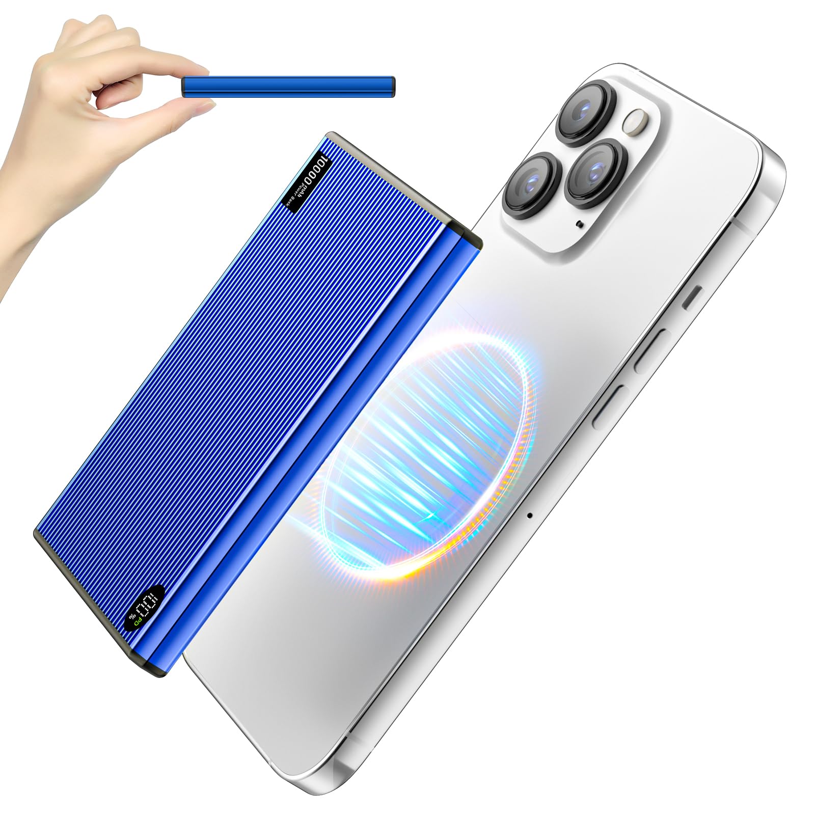 Portable Charger Power Bank, 10,000mAh Wireless Battery Pack, 20W Fast Charging with USB-C Cable, Charge Card Phone Charger Compatible with iPhone 16/15/14/13/12, Samsung (7.9mm-Blue)