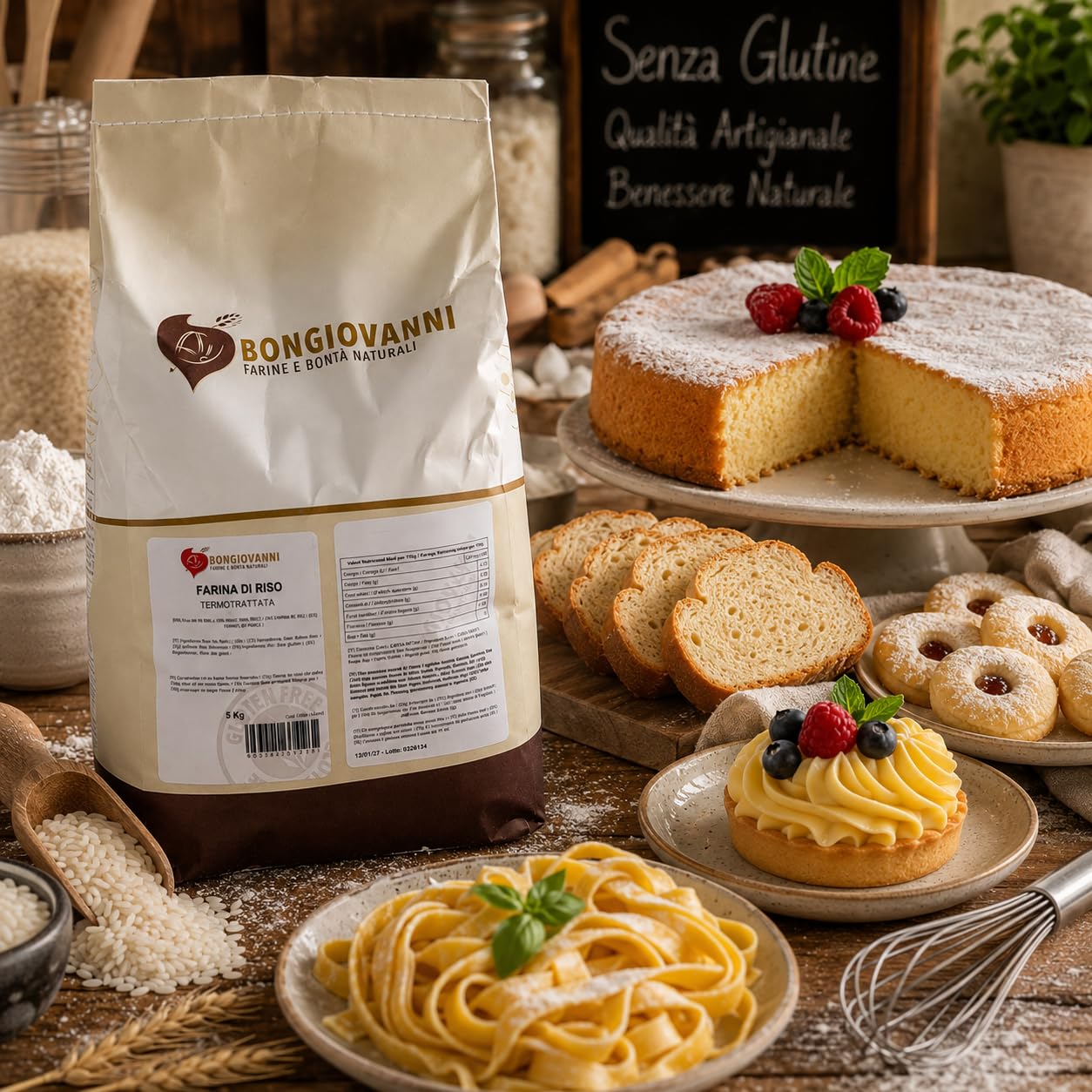 Bongiovanni Bontà Naturali Farine de Riz Traitée Thermiquement Sans Gluten Saveur Naturelle en Poudre 5 kg