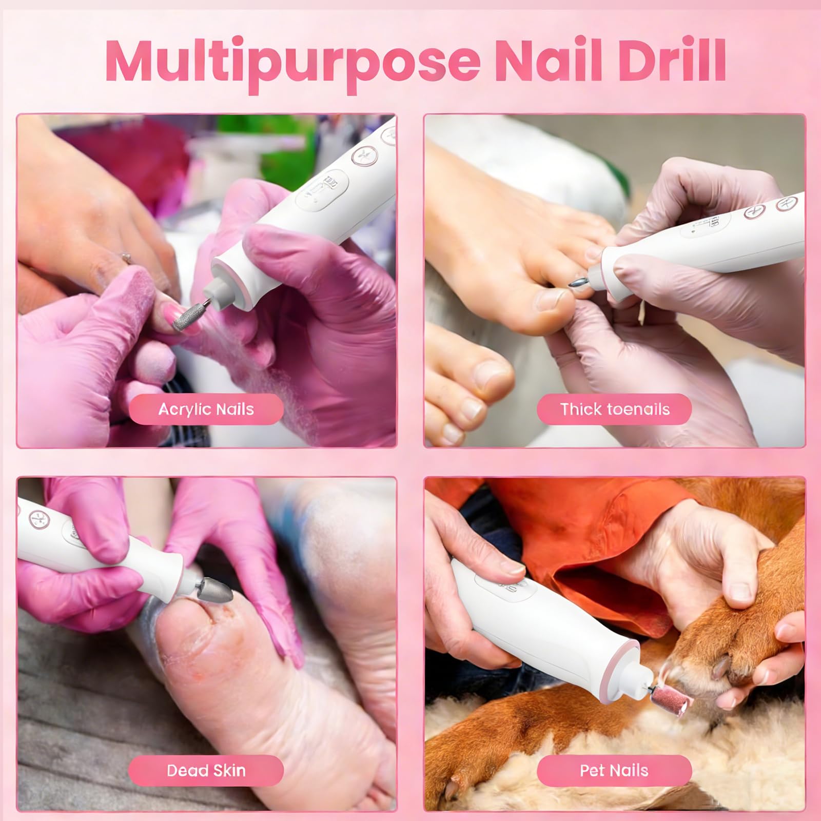 Kit de taladro de uñas, lima eléctrica inalámbrica blanca con 10 velocidades, 10 puntas y luz LED, para uñas acrílicas, eliminación de esmalte de gel y uñas gruesas de los pies, fácil para