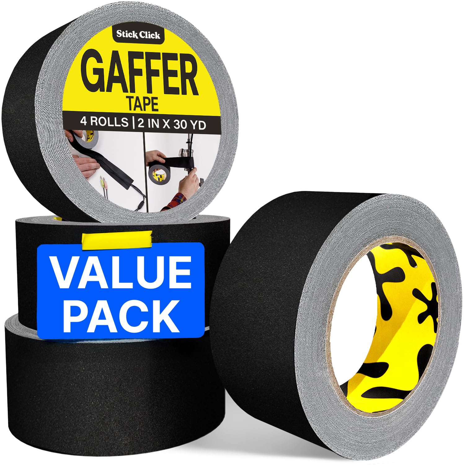 Stick Click Black Gaffers Tape 4 Pack - 2 inch x 30 Yards - Non-Reflective, Easy Tear, Waterproof, No Residue, Gaff Tape for Electrical Cords,