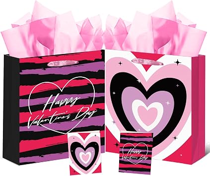 qiqee Heart Valentine Gift Bag with Tissue Paper Large Present Wrap Bags for Women Girlfriend Classroom Happy Valentines Day 2 PCS Large + Tissue Papers
