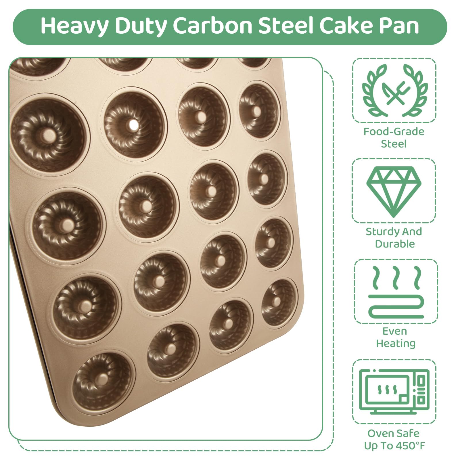 Paquete de 2 mini moldes para tartas para hornear, mini moldes de tubo estriado de 24 cavidades, molde antiadherente de acero al carbono para hornear 3
