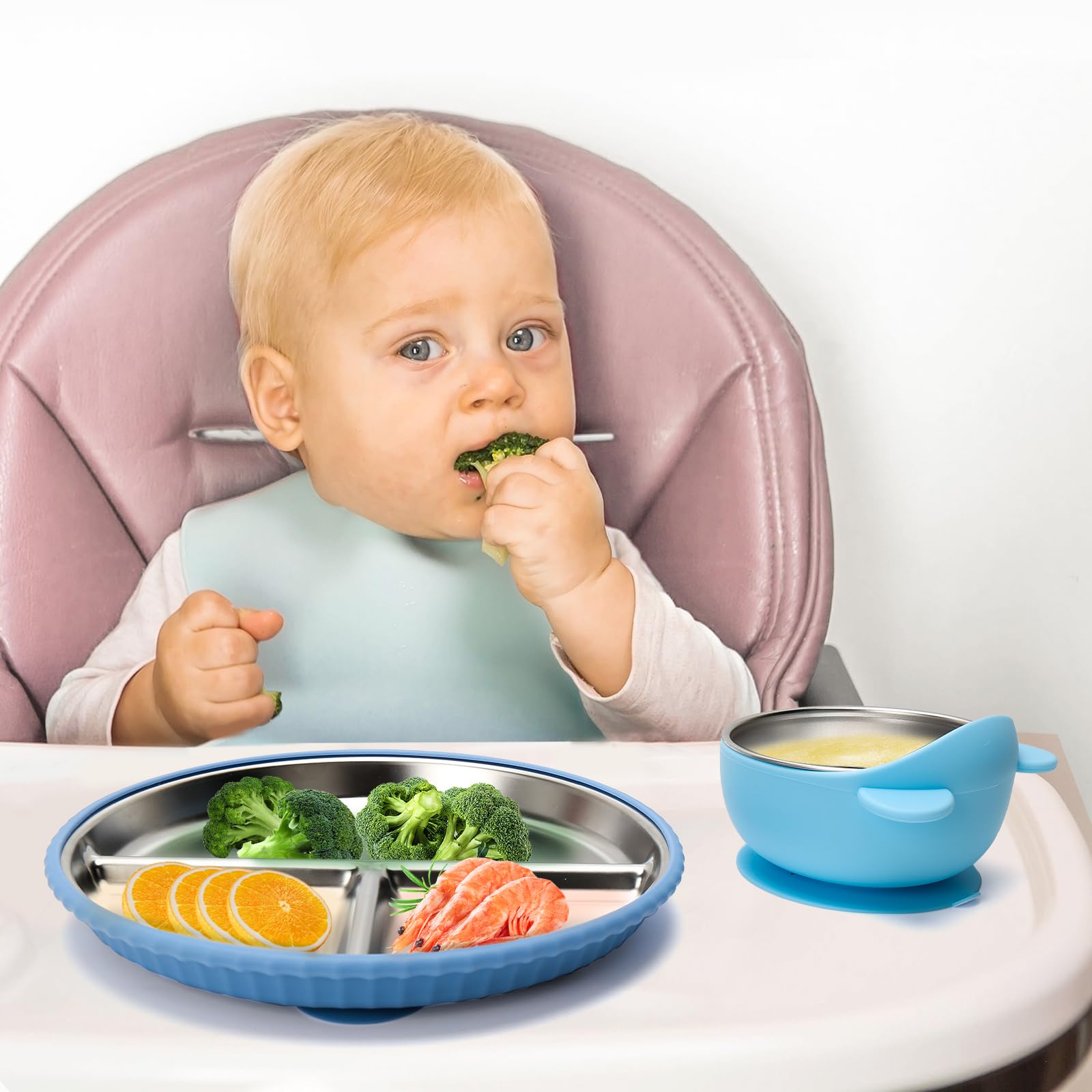 CLDY - Juego de 4 platos y tazones de acero inoxidable para bebés - Base de silicona 100% con ventosa - Platos de destete para niños pequeños - Platos divisores irrompibles - Sin BPA