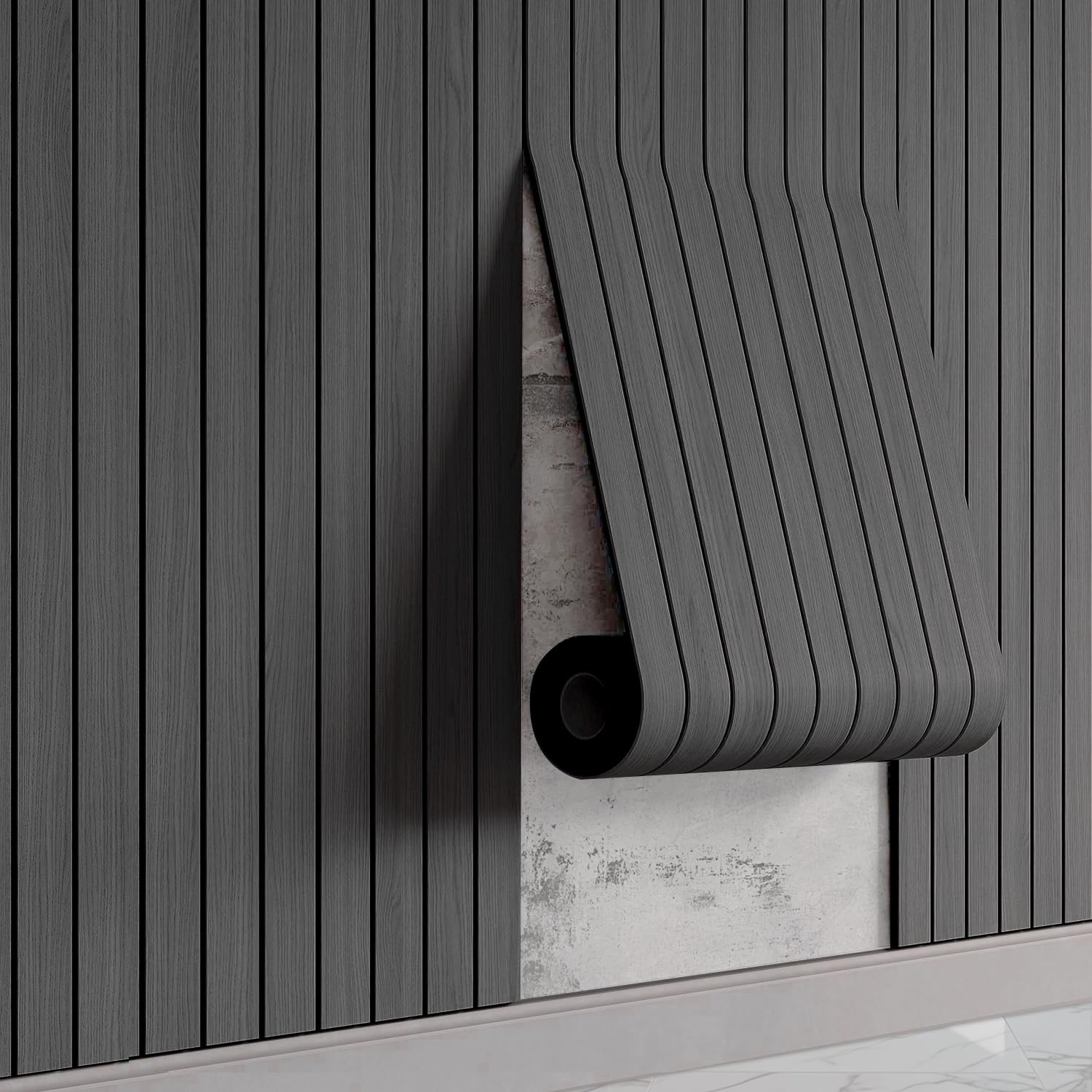 Photo 1 of WaveSpace Self-Adhesive PVC Slat Wall Panels, Peel and Stick Wood Panels 118"x15.75", Thick Faux Black Oak Wood Grain Wallpaper Panels 3D Soundproof Wall & Ceiling Panels Decorativos para Pared