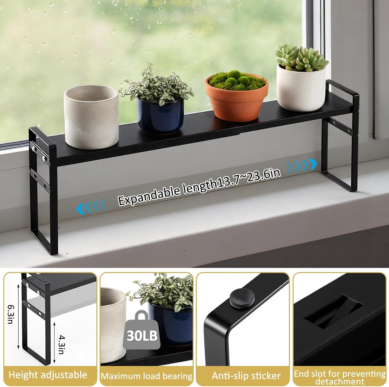 Condition photo showing New/Like New for 2 pcs expandable window sill plant shelf, 13.7 x 3.5 x 7.28 inches, stackable narrow over the sink shelf, adjustable height metal window sill extender shelves for kitchen bathroom (black) 2 black