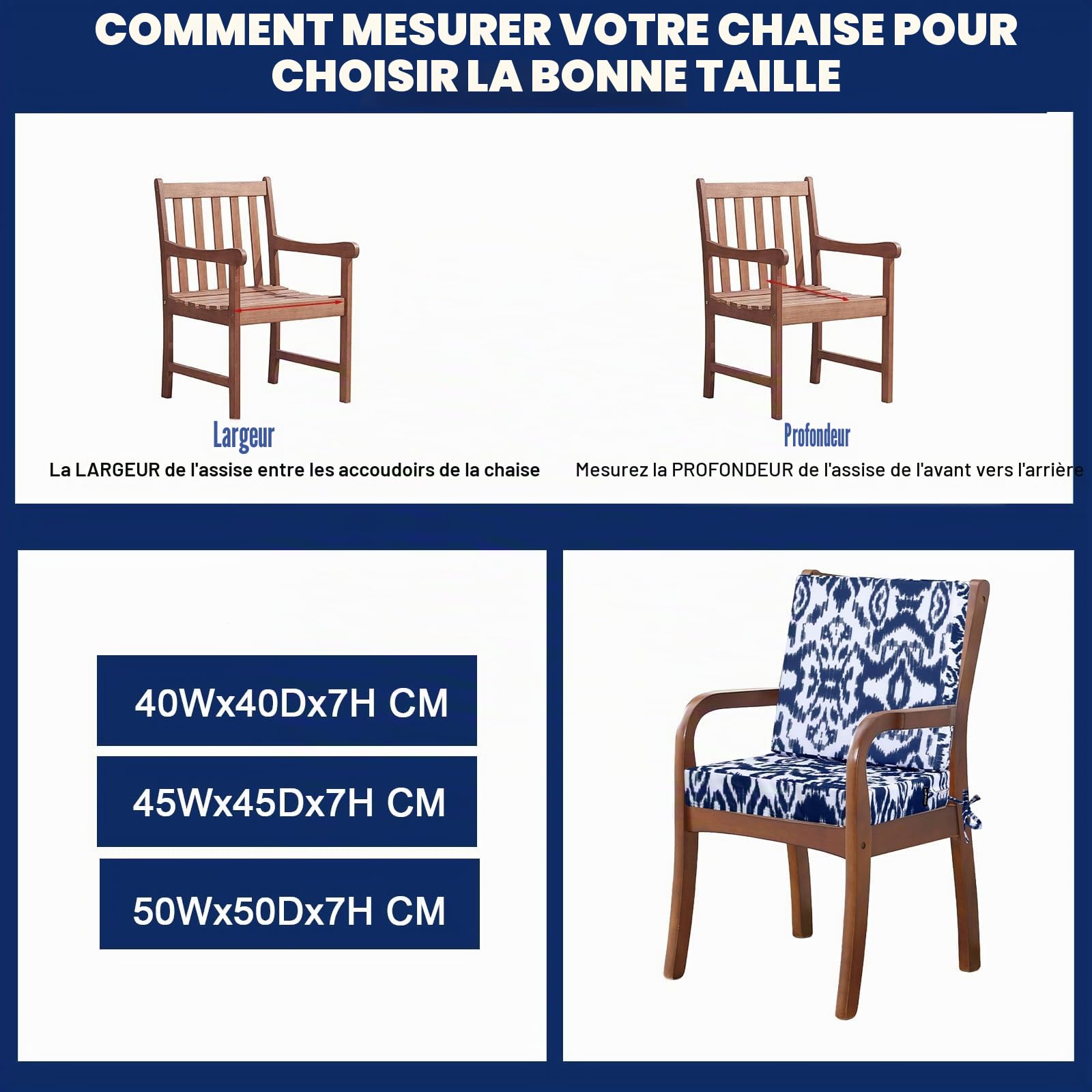 Lot de 2 coussins de chaise de jardin épais et imperméables pour mobilier d'extérieur avec attaches - 45 x 45 cm - Bleu marine